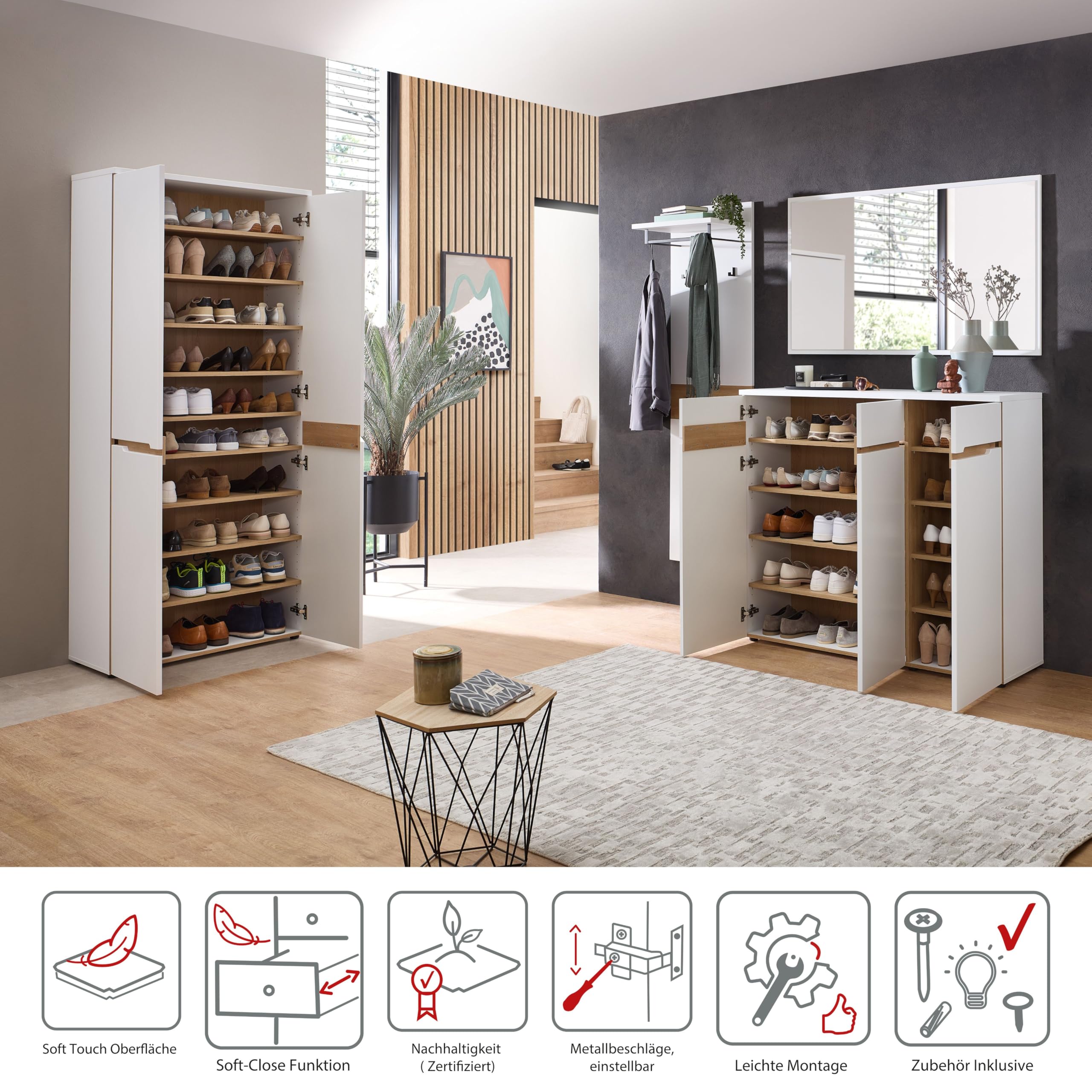 MEMPHIS Schuhschrank Schuhregal Weiß Artisan Eiche 120 x 107 x 38 cm | Zeitloses Design mit 3 Türen, 8 verstellbare Fachböden mit Stauraum, moderne Griffleisten, Korpus in Mattweiß, Set, Garderobe