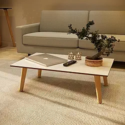 Mesa de Centro Moderna, 80 x 42 cm, Tampo MDF, Pés em Madeira Maciça, Altura 32,5 cm (Off White-Freijó)