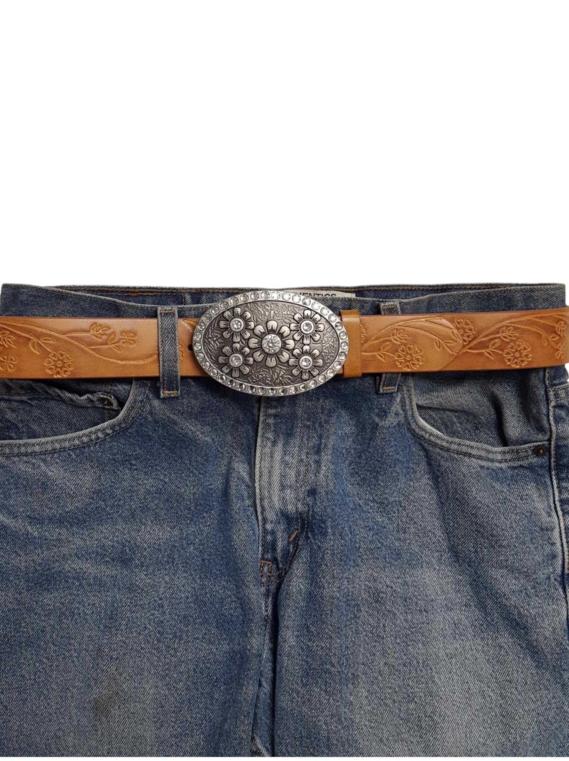 AXESORIA: Oval Crystal Floral Buckle with floral embossed belt Tan M