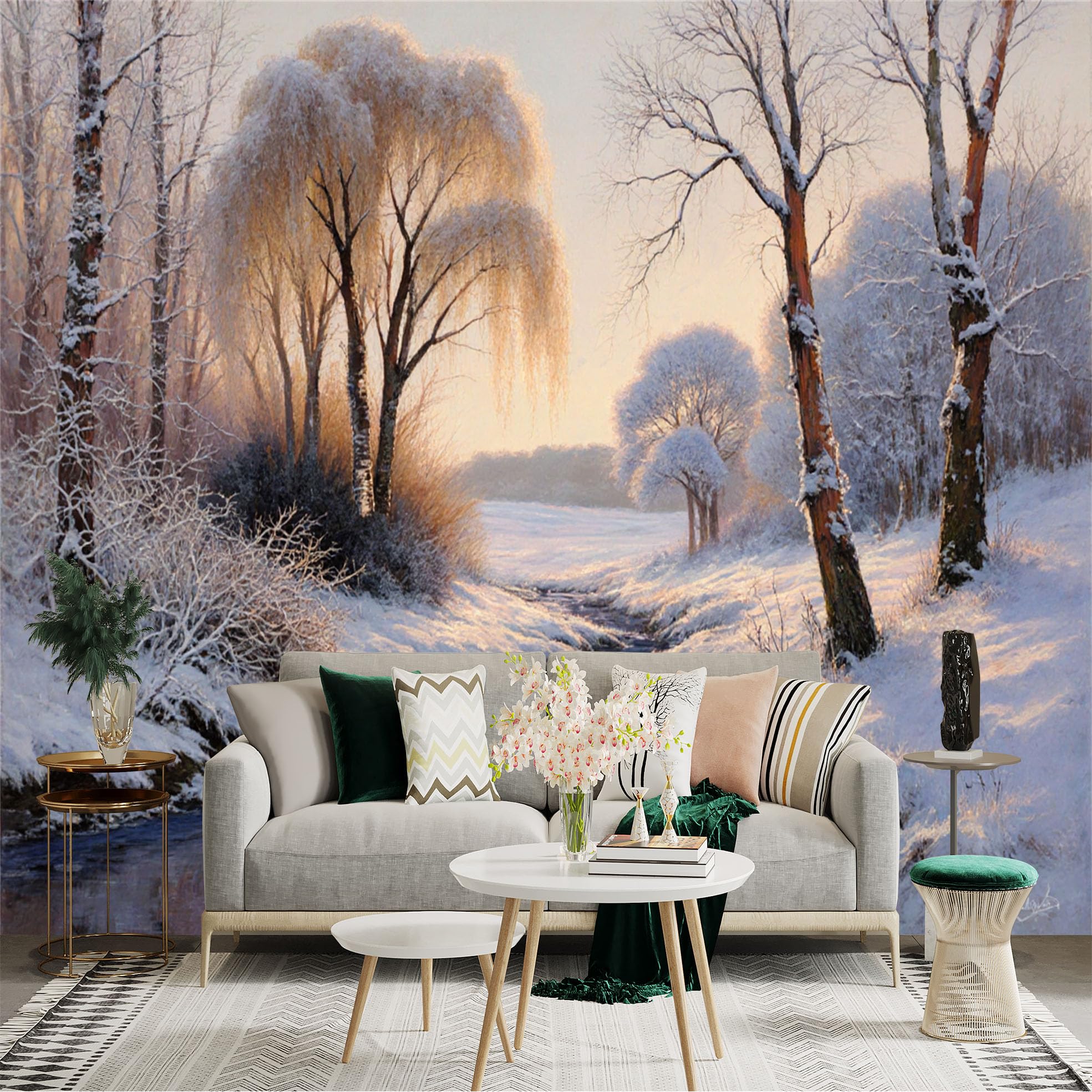 Lnzczhyre Xc260505001 Custom Size Wall Sticker Mural， Snowy Winter Landscape， Frozen River And Frosty Trees， Peaceful Nature Scene， For Wall Decoration， Peelandstick Wall Decals.