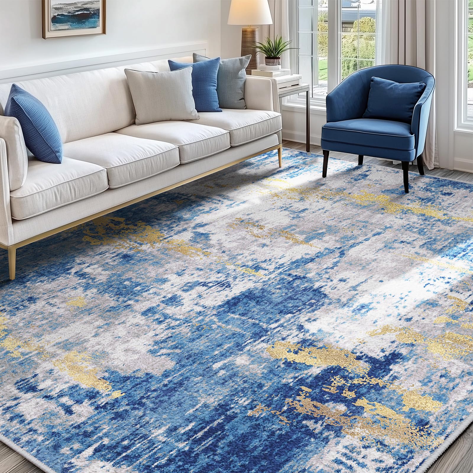 releany washable 5'x8' abstract area rug for living room blue gold