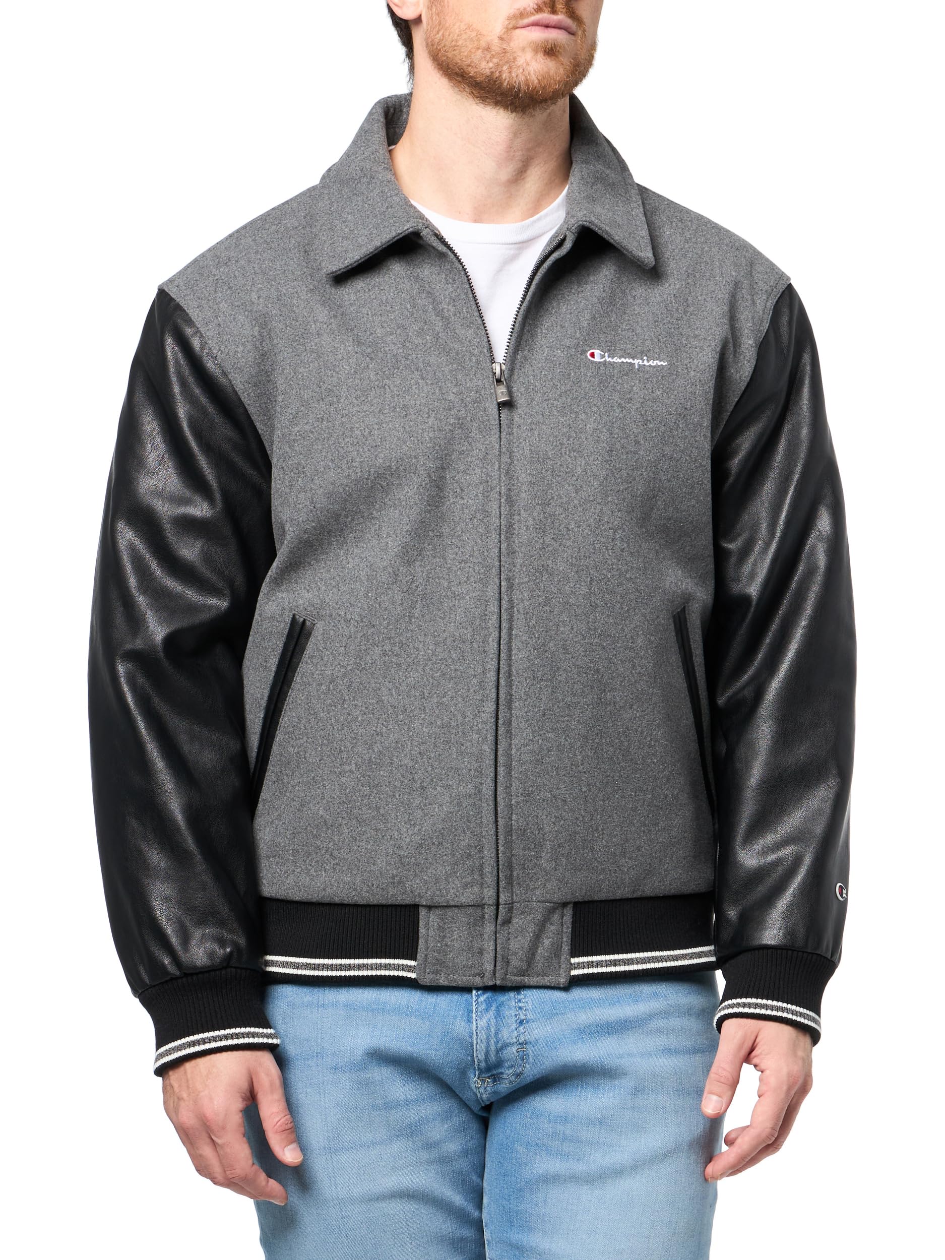 Champion Men's Letterman Varsity Bomber Zipper Closure Jacket With Faux Leather Sleeves