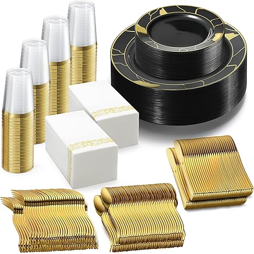 252 platos negros y dorados servilletas suministros de fiesta vajilla para adultos 36 juegos juego de platos de plástico dorado pequeño y grande