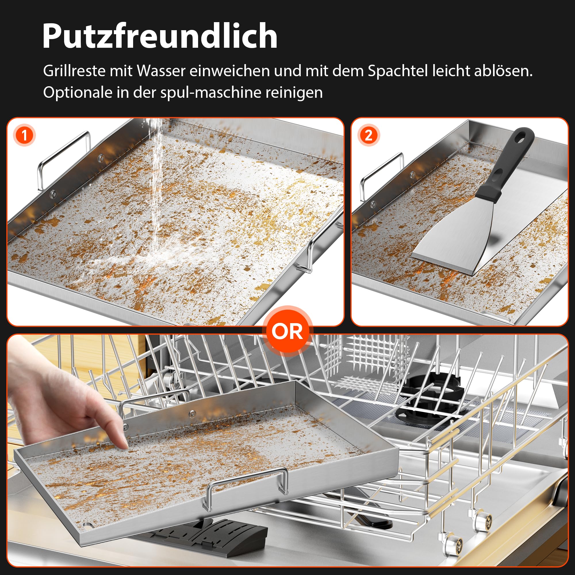 Plancha Grillplatte Edelstahl 40x30cm (4mm) für Gasgrill & Holzkohlegrill – Geschlossene Ecken, Fettablauf, Rostfrei – mit Tragebügel & 2 Spachtel – Camping & Garten