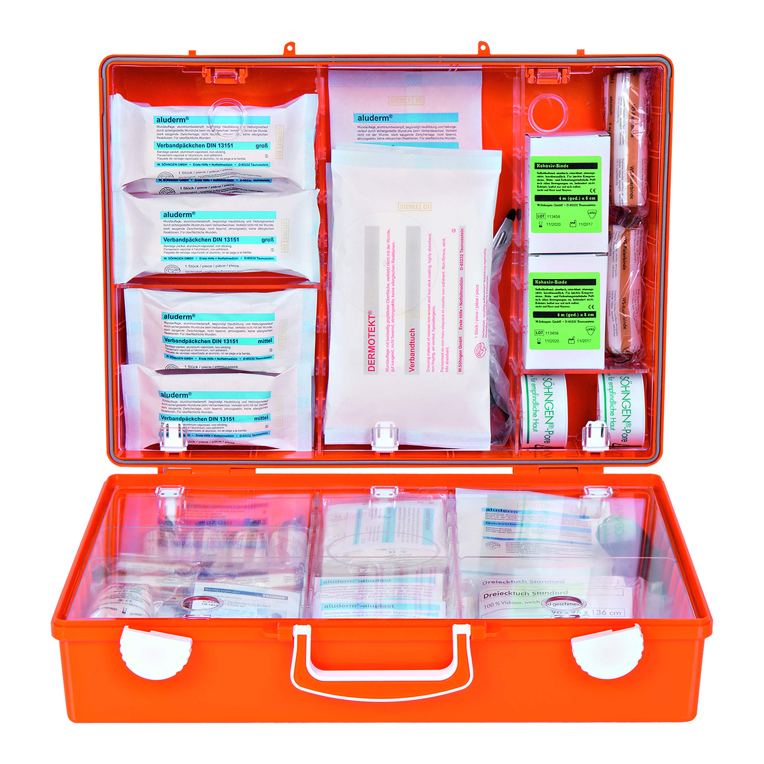 Erste-Hilfe-Koffer Austria Typ 2 (Erste-Hilfe-Kasten, Unterteilung, Wandbefestigung, gefüllt, Wundverbände, SIRIUS Rettungsdecke, 20 Jahre sterile Verpackung) orange, 0390155