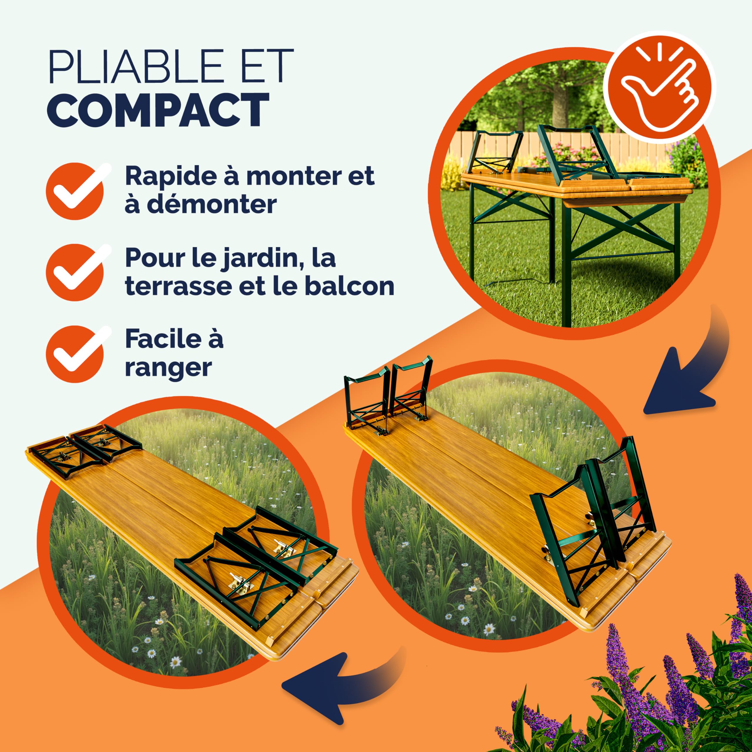 Casaria Ensemble Table et bancs en Bois de Brasserie 170x46x75cm Pliable Meubles de Jardin 3 pièces Support Parasol