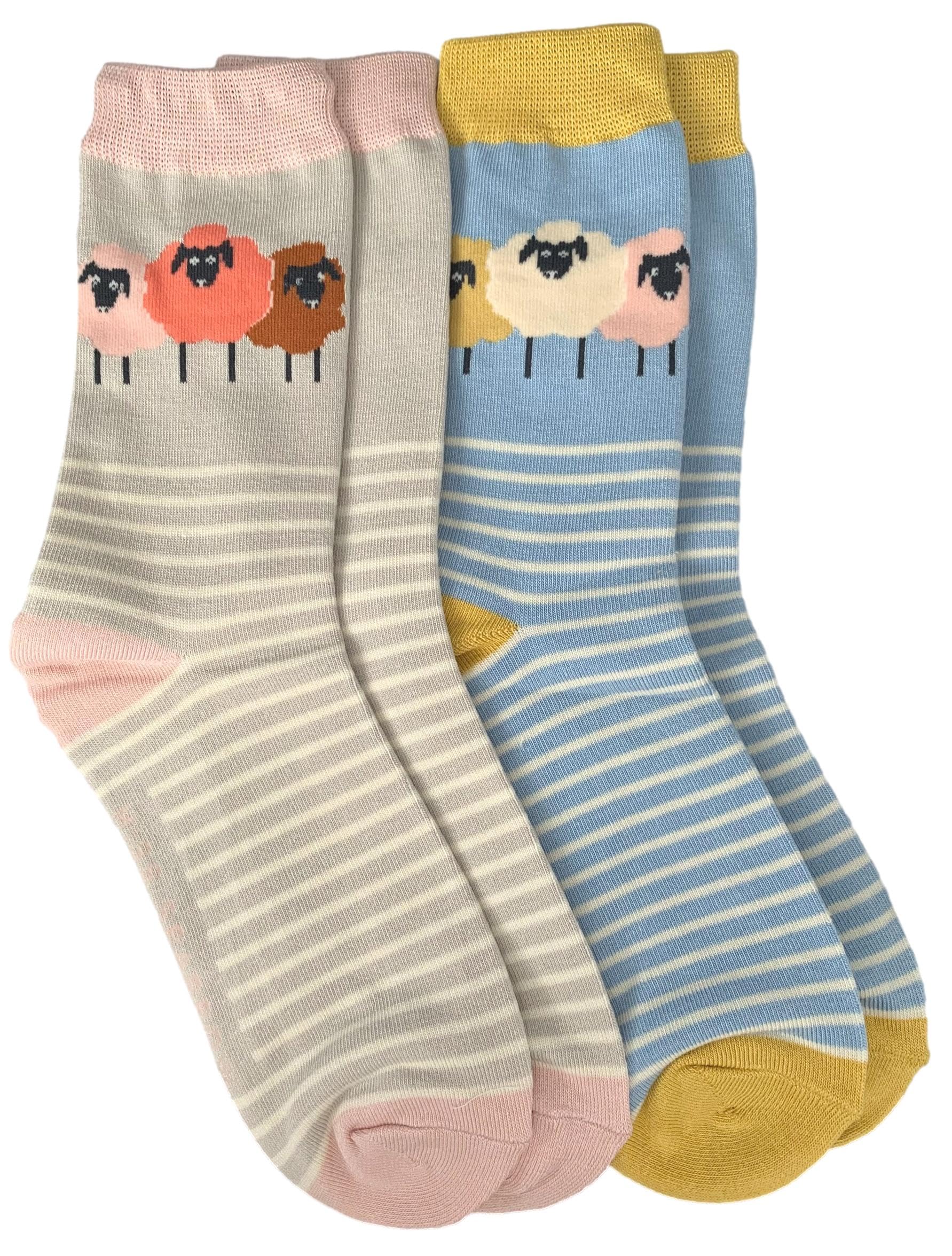 Purple Possum® Sheep Socks Ladies Cream Striped Stripes Bamboo Cotton Cute Farm Animals Womens Socks Size 3 to 7 (2 Pair Pack Grey and Blue)