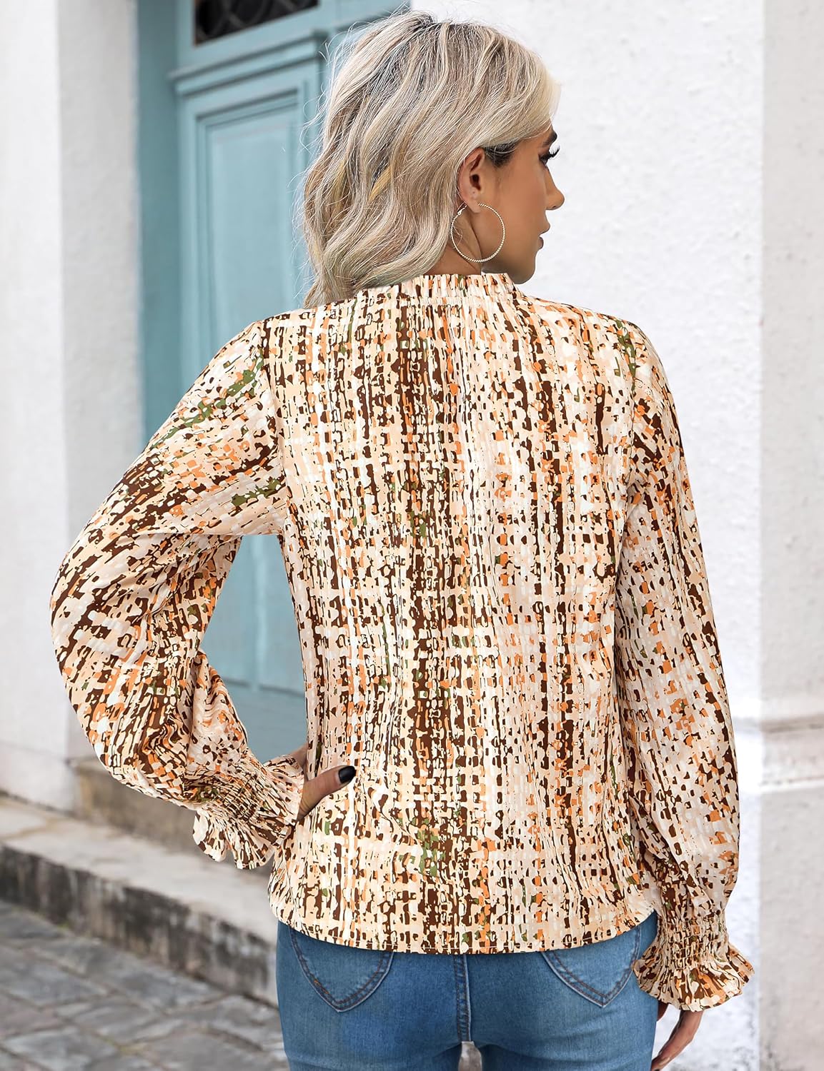 MASCOMODA Womens V Neck Floral Long Sleeve Tops 2026 Summer Casual Loose Puff Sleeve Chiffon Boho Work Blouse Dressy T Shirts - Image 5