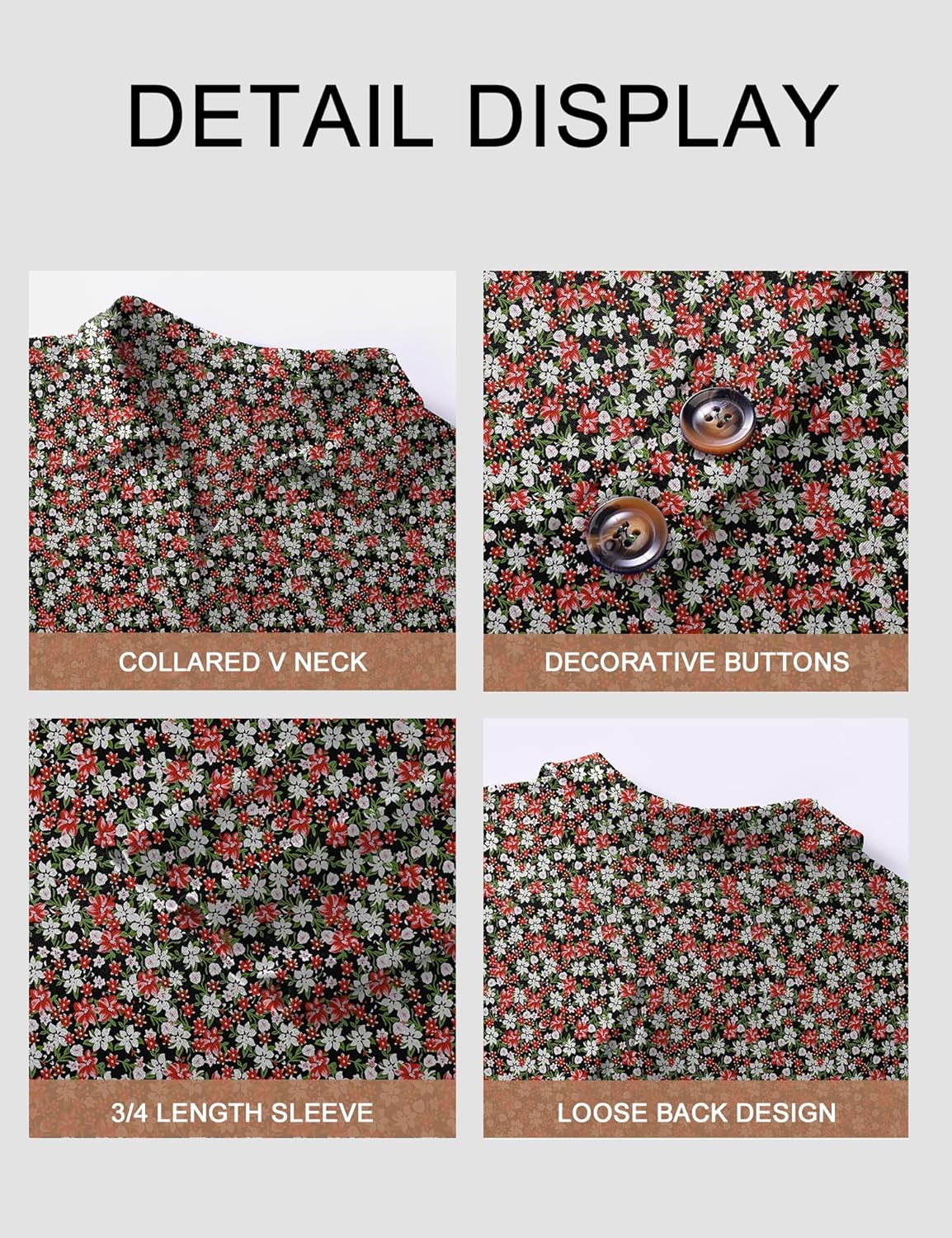 Womens 3/4 Sleeve V Neck T Shirt Floral Collared Button Down Shirts for Women S-XXL - Image 5