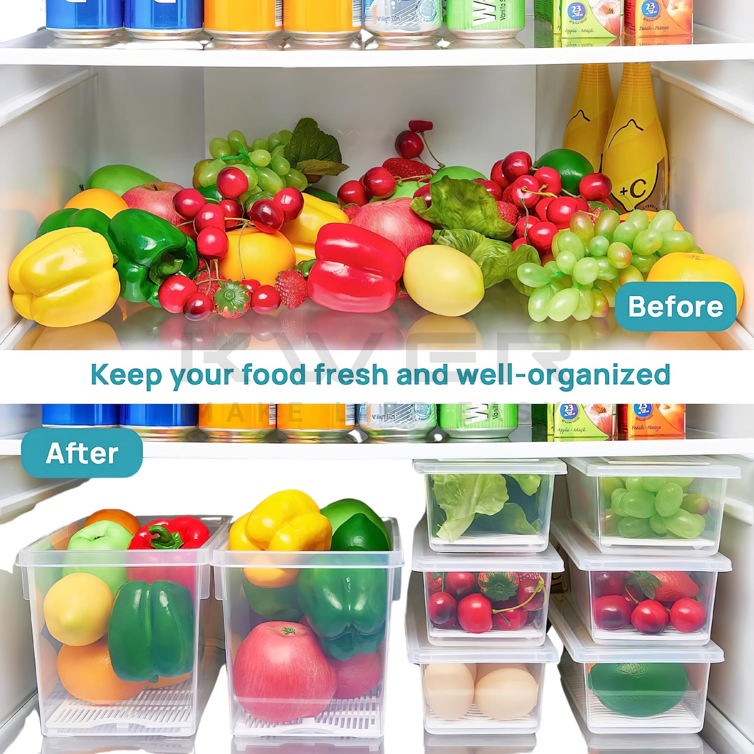 KWER Fridge Storage Boxes Fridge Organizer With Removable Drain Plate Fridge Storage Containers Keeps Fruits, Vegetables, Meat, Fish Fresh Longer 1500 Ml Container Box(Pack Of 6, Plastic),Clear 2