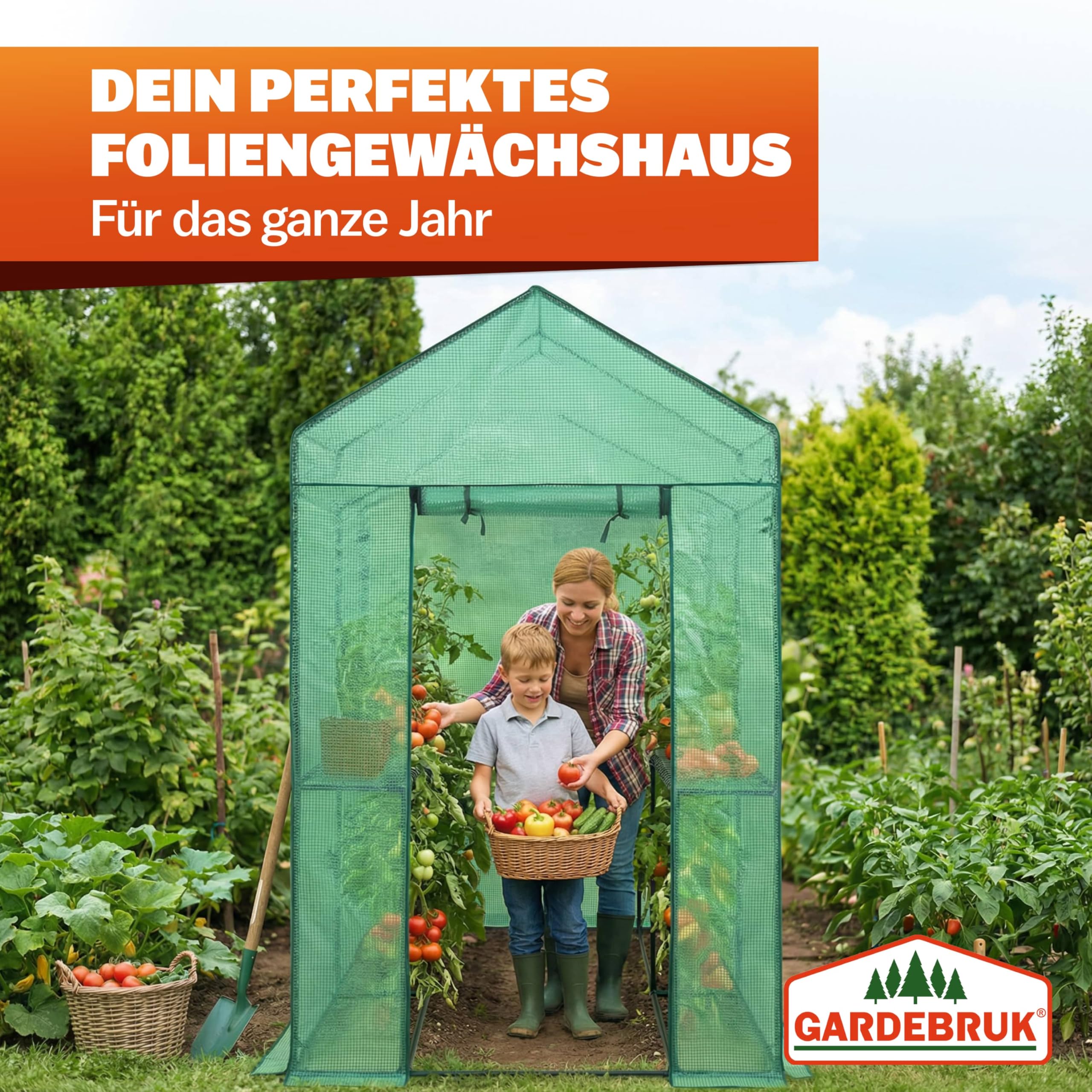 Gardebruk® Gewächshaus 190x186x120 cm Tomatengewächshaus Begehbar mit 4 Ablagen Foliengewächshaus Treibhaus mit Aufrollbarer Tür für Garten & Balkon Stabil, UV-beständig, Grün
