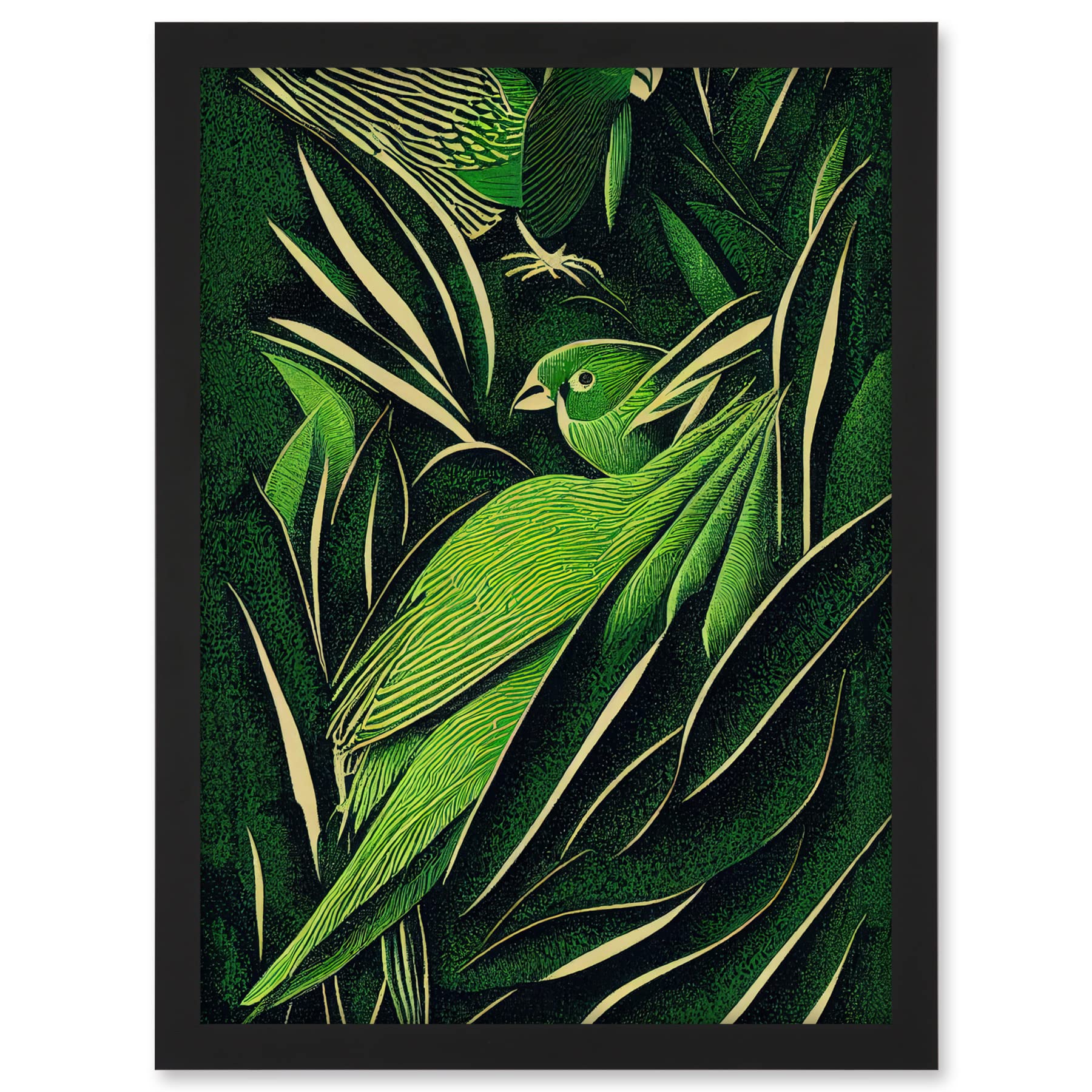 Wee Blue Coo Green Modern Vintage Retro Abstract Jungle Tropical Leaves Parrots Illustration Artwork Framed A3 Wall Art Print