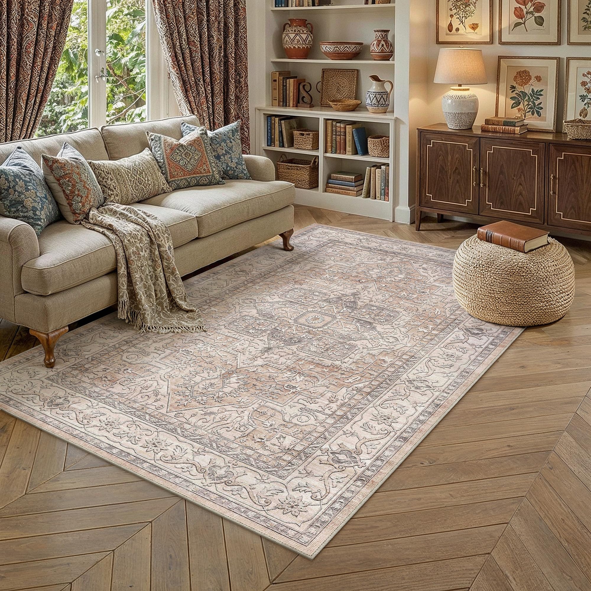 PureCozy Vintage Coral Rugs Living Room Area Rug 120x170cm Washable Non Slip Carpet Bedroom Bedside Office Kitchen Dining Room Indoor Low Pile Soft Large Retro Carpets โ image 1