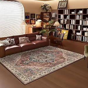 Deerly Washable Bedroom Area Rug 4x6 Indoor Thin Carpet for Living Room Boho Vintage Rug for Kitchen Entryway Dining Room Office Non-Slip Low Pile, Brickred/Multi