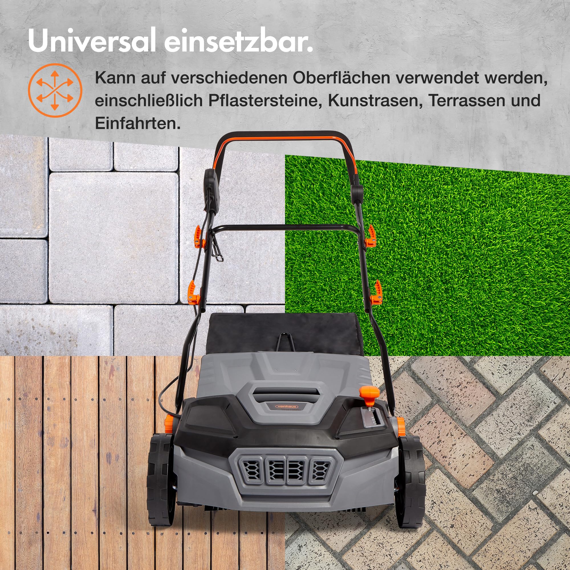 VonHaus Hochleistungs-Kunstrasenbürste 1800W, Laubsammler für Kunstrasen, Elektrische Kunstrasen Kehrmaschine Reiniger, 45 L Fangsack, 5 Einstellbare Höhen, 380 mm Arbeitsbreite, Klappbarer Handgriff