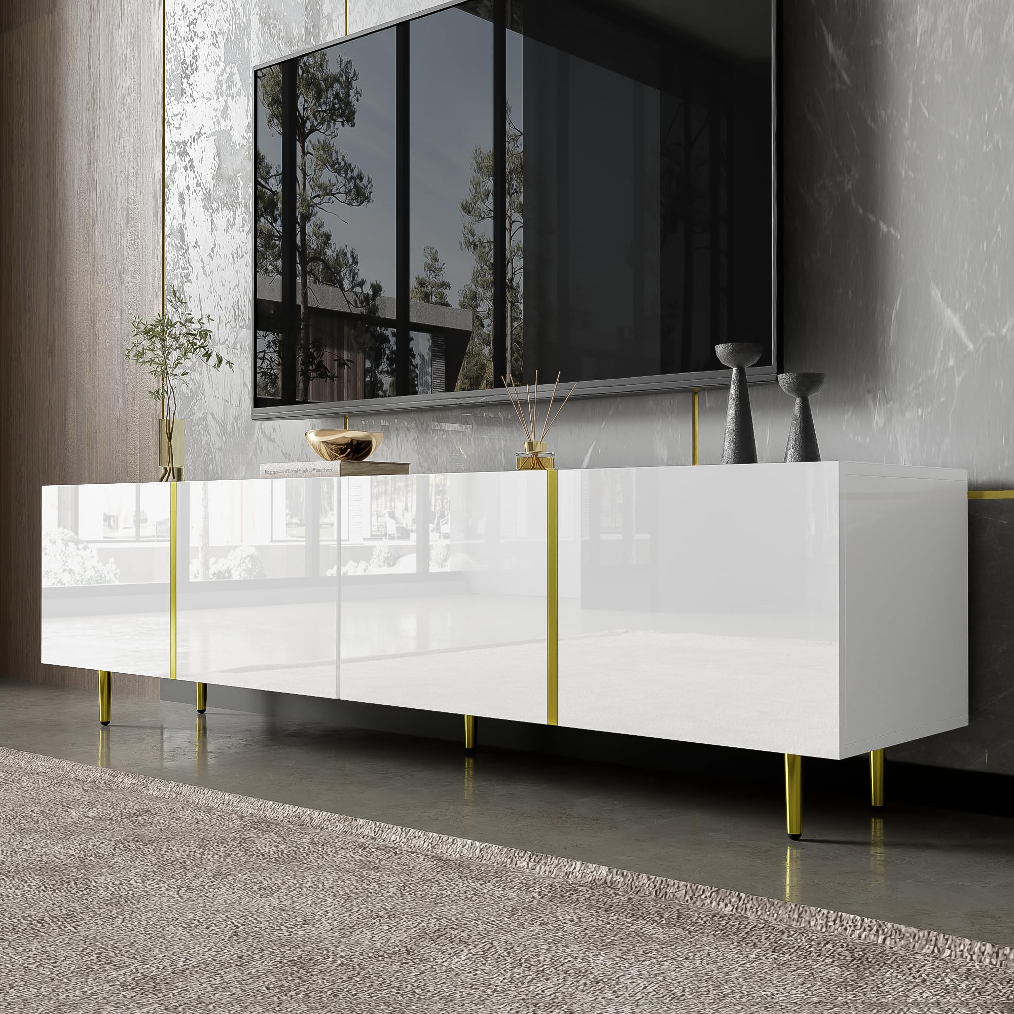 Mueble de TV de alto brillo con cuatro puertas, moderno y sencillo, color blanco