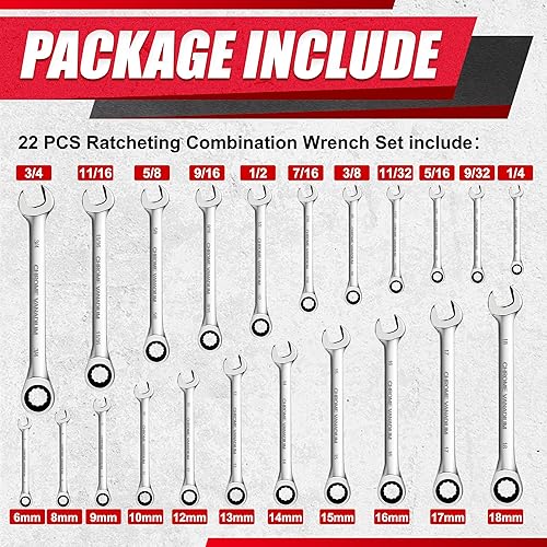 Miniatura 2 de Juego de 22 llaves combinadas de trinquete, juego de llaves de trinquete combinadas, 72 dientes, métricas y SAE, 0.236-0.709 in, 14-34 pulgadas,