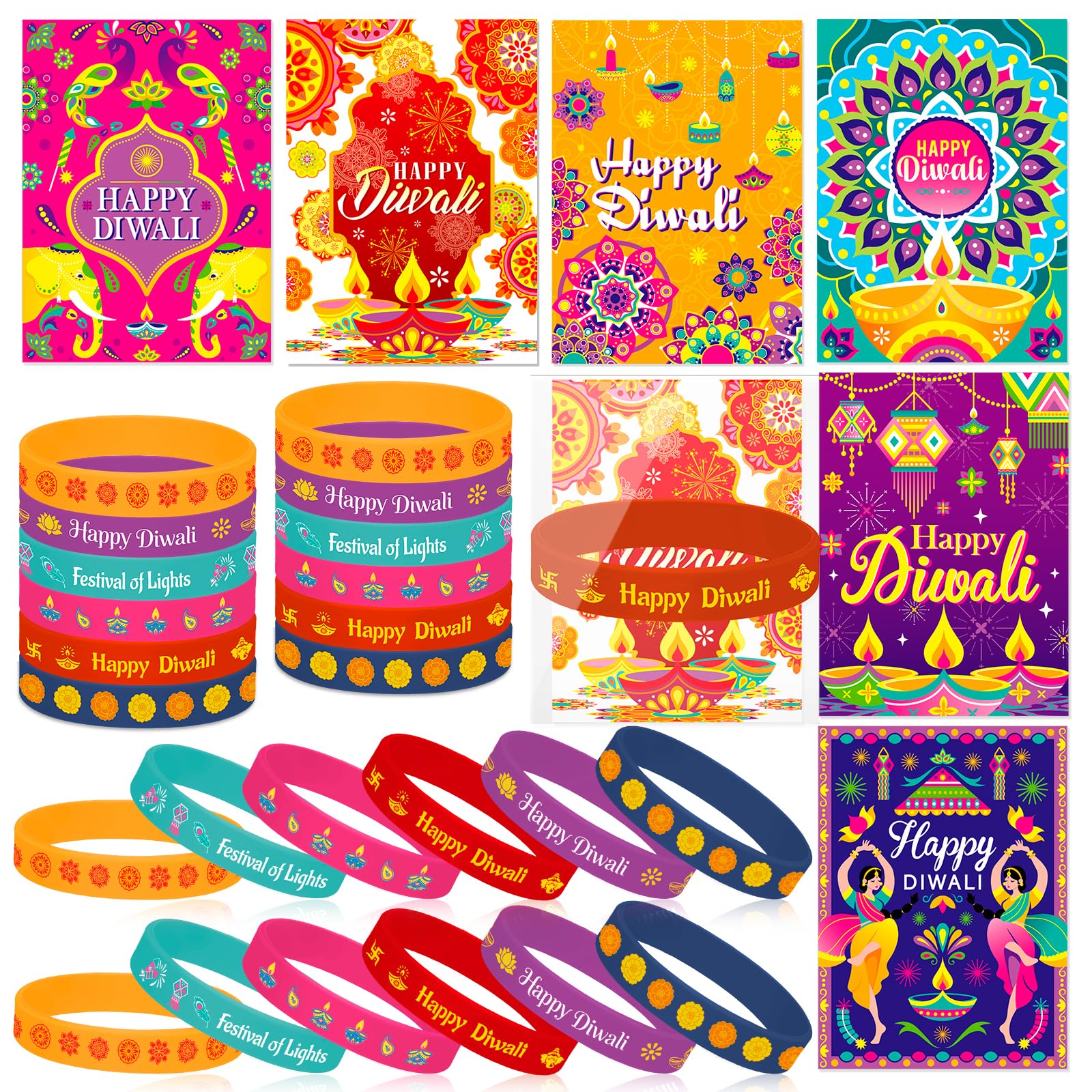 HOWAF 24 Pack Diwali Gifts Bracelets Wristbands & Cards, Rangoli Silicone Wristbands Silicone Bracelets Happy Diwali Cards Festival of Lights Gifts for Family Friends Classroom, Indian Party Favors