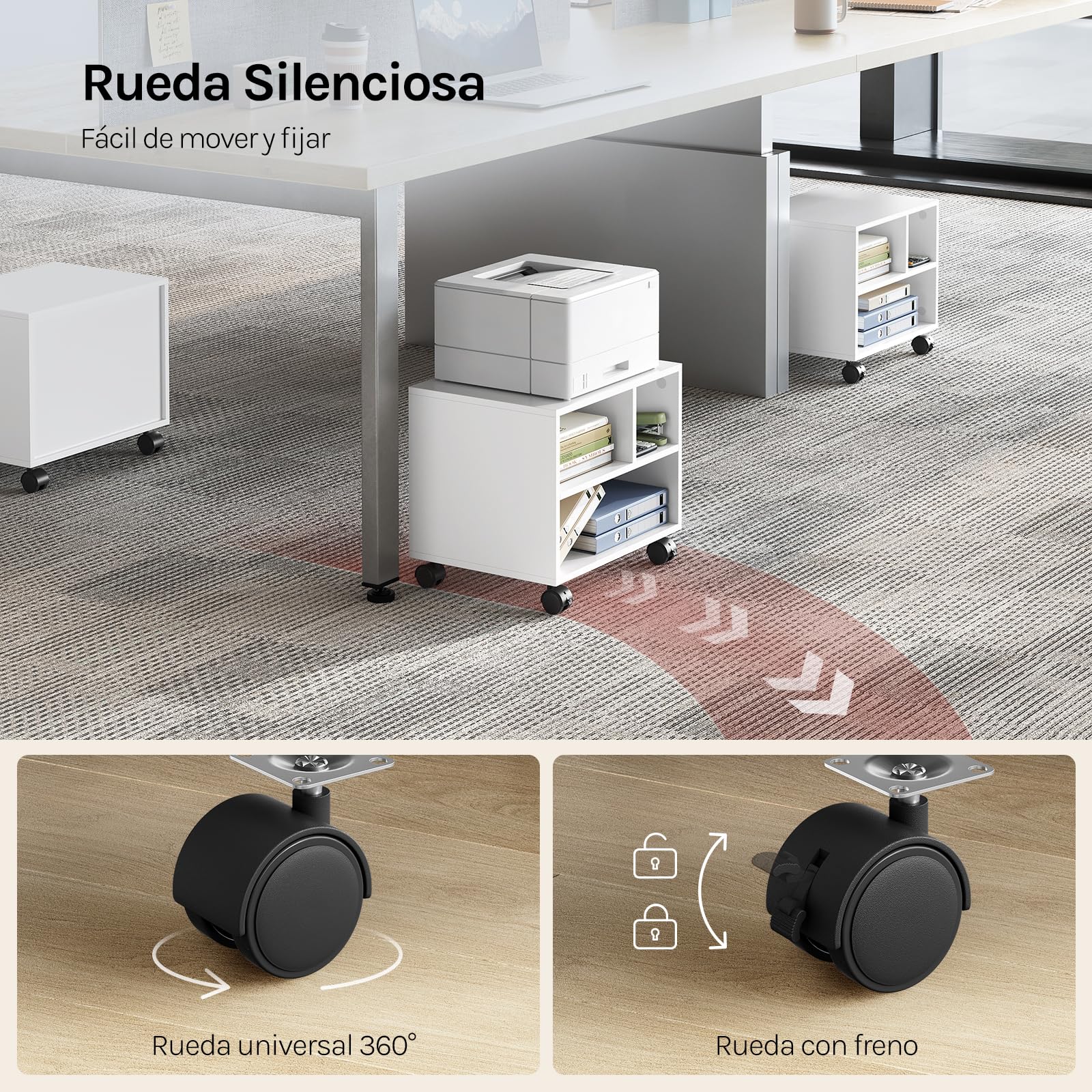 WOLTU Mesa para Impresora con Ruedas, Soporte de Impresora, Estanteria Movil para Oficina, con 3 Compartimentos, Carro Movil, 40x30x35 cm, Blanco, ASK06ws
