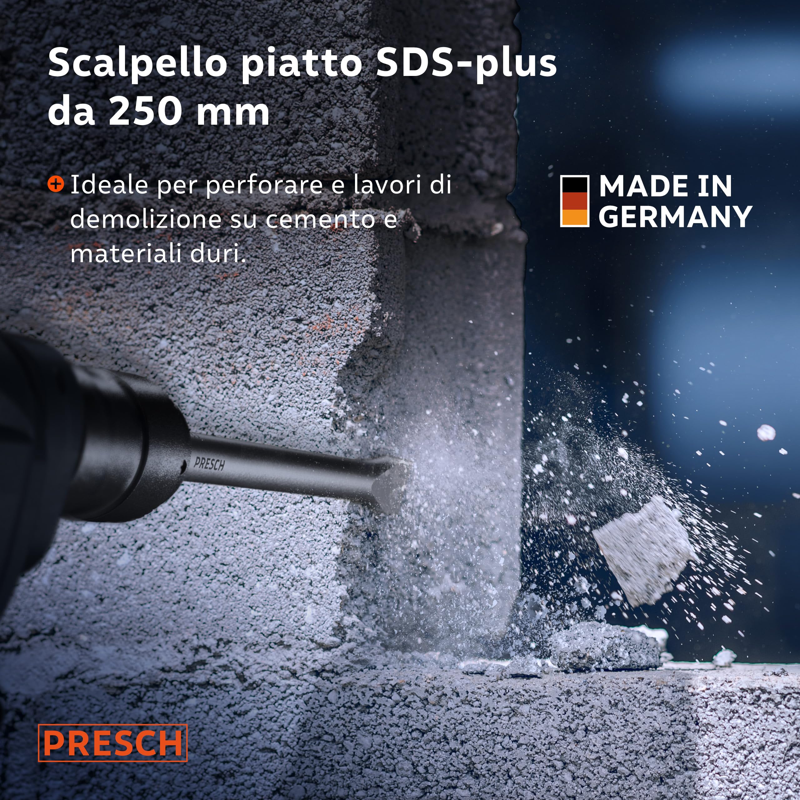 PRESCH SDS plus Scalpello piatto - Tagliente largo 20 mm, estremamente robusto e durevole - Per tutti i lavori di demolizione (lunghezza 250 mm) - Acciaio ad alte prestazioni per colpi potenti