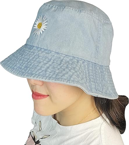 Miniatura 6 de QOOEQPQY Sombrero de pescador de protección solar de mezclilla lavada unisex sombrero de pescador bordado de margarita