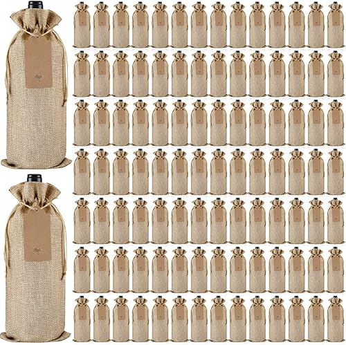 Nuogo - 100 bolsas de arpillera para vino con cordón, bolsas de regalo para botellas de vino con etiquetas de 5.9 x 13.8 pulgadas, bolsas de yute de