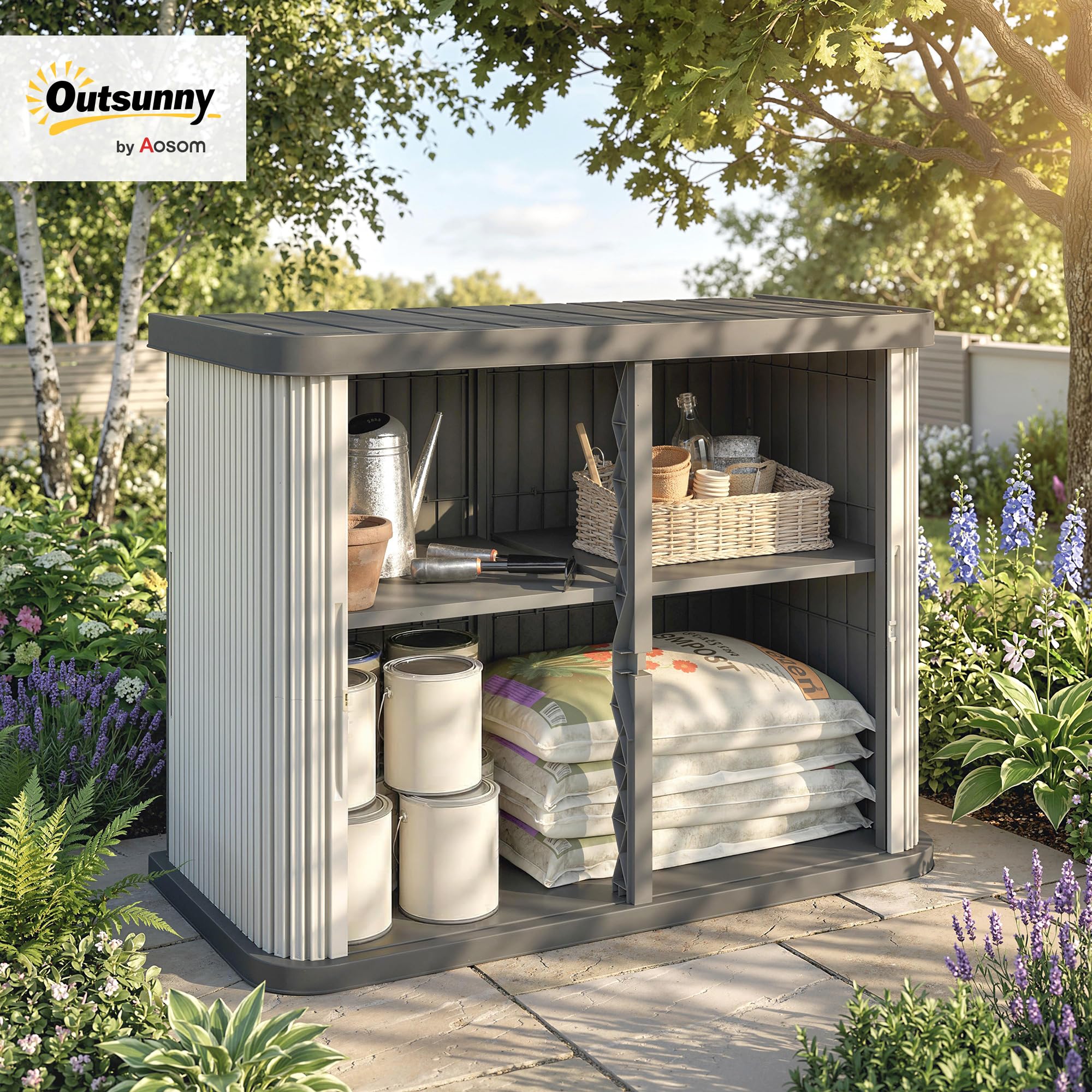 Outsunny Coffre de Rangement Extérieur 480 L 2 Niveaux Portes Coulissantes Résistant aux UV Jardin Terrasse 120,5x59,5x92cm Marron Clair