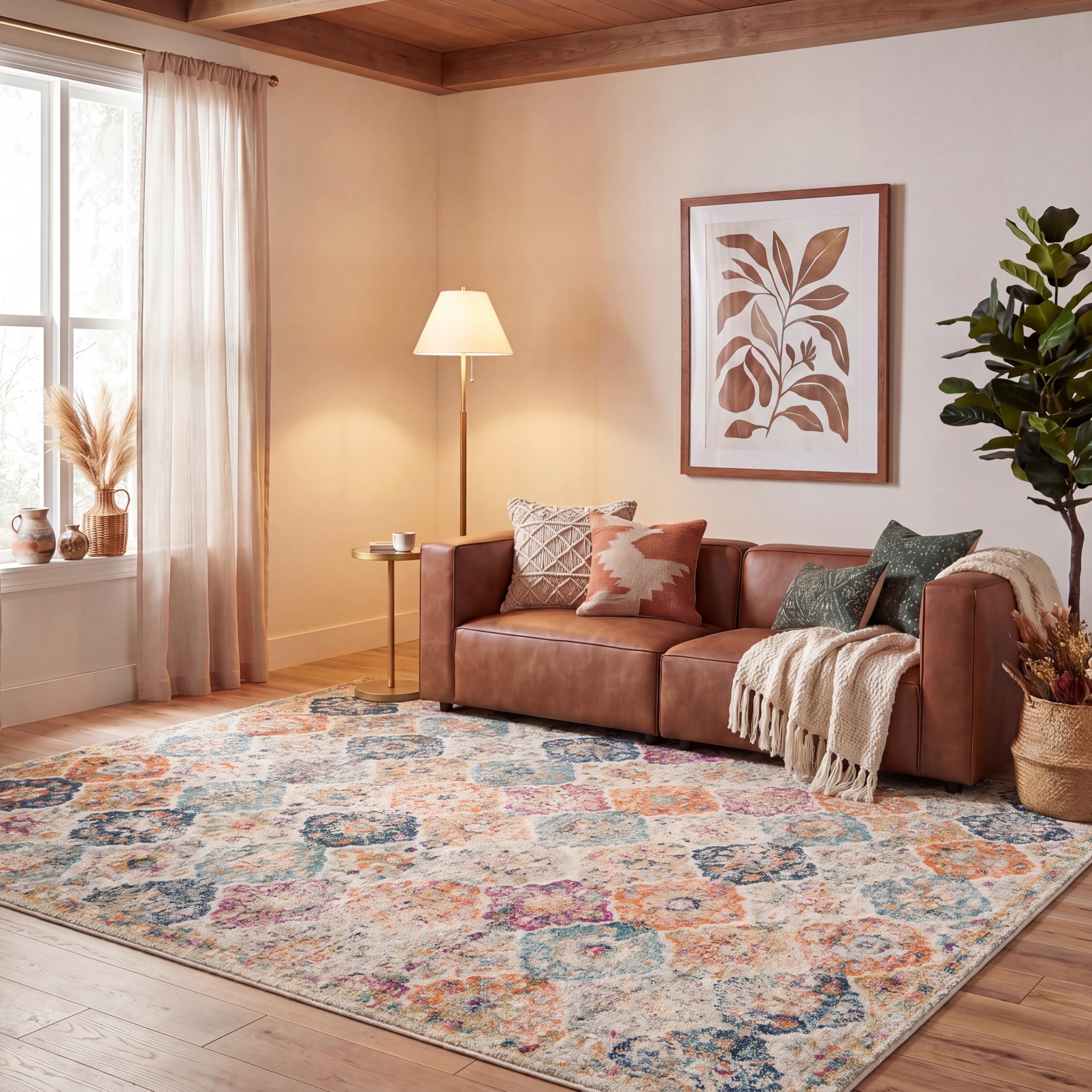 SAFAVIEH Nowoczesny elegancki dywan do salonu, jadalni, sypialni - kolekcja Madison, krótkie runo, w kolorze kremowym i wielokolorowym, 91 x 152 cm