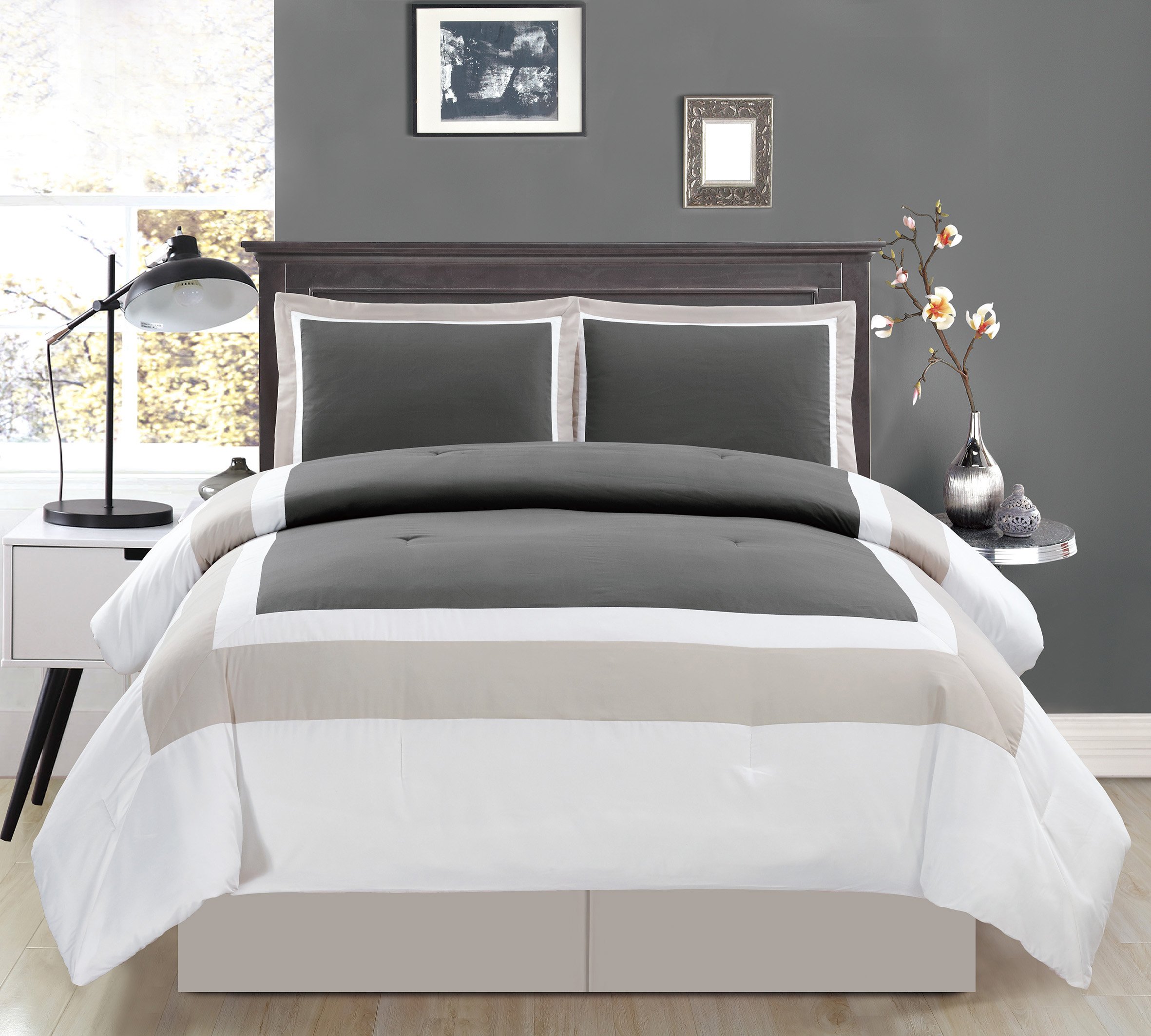 Grand Linen 3 Piece Twin Size Dark Grey/Light Grey/White Color Block Milan Down Alternative Comforter Set 34" X 86" Bedding