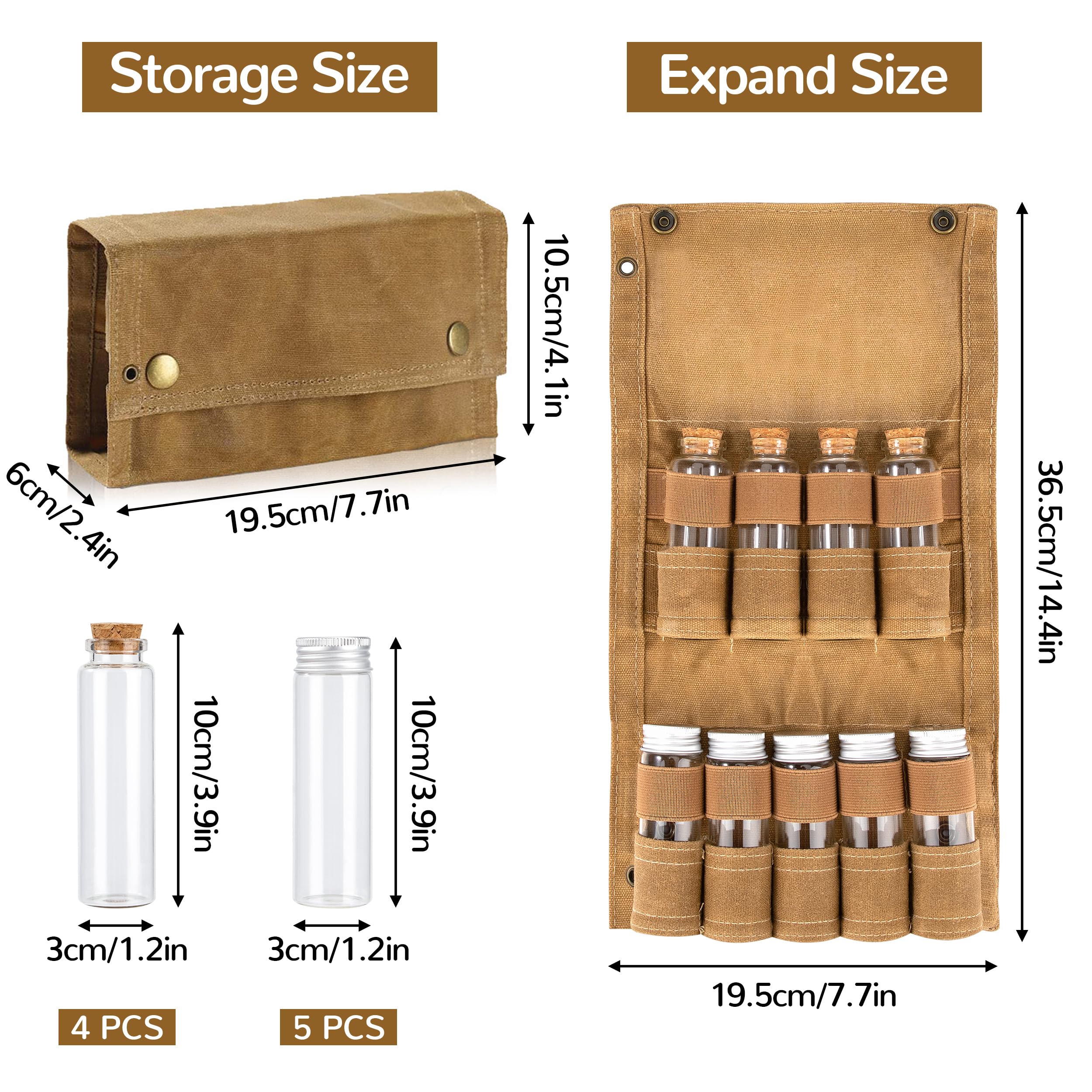 Camping-Gewürz-Set mit 9 Gewürzgläsern Tragbare Gewürztasche aus Segeltuch Gewürz Aufbewahrungstasche Gewürzbehälter-Set für Outdoor Picknick Grillen Khaki