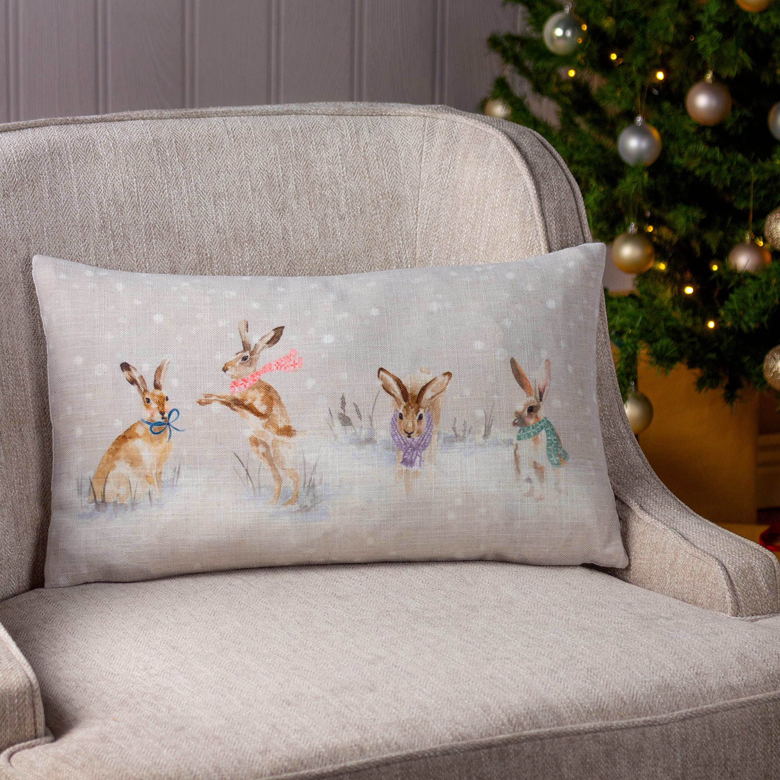 Evans Lichfield Snowy Hares Watercolour Printed Feather Rich Cushion from B&Q
