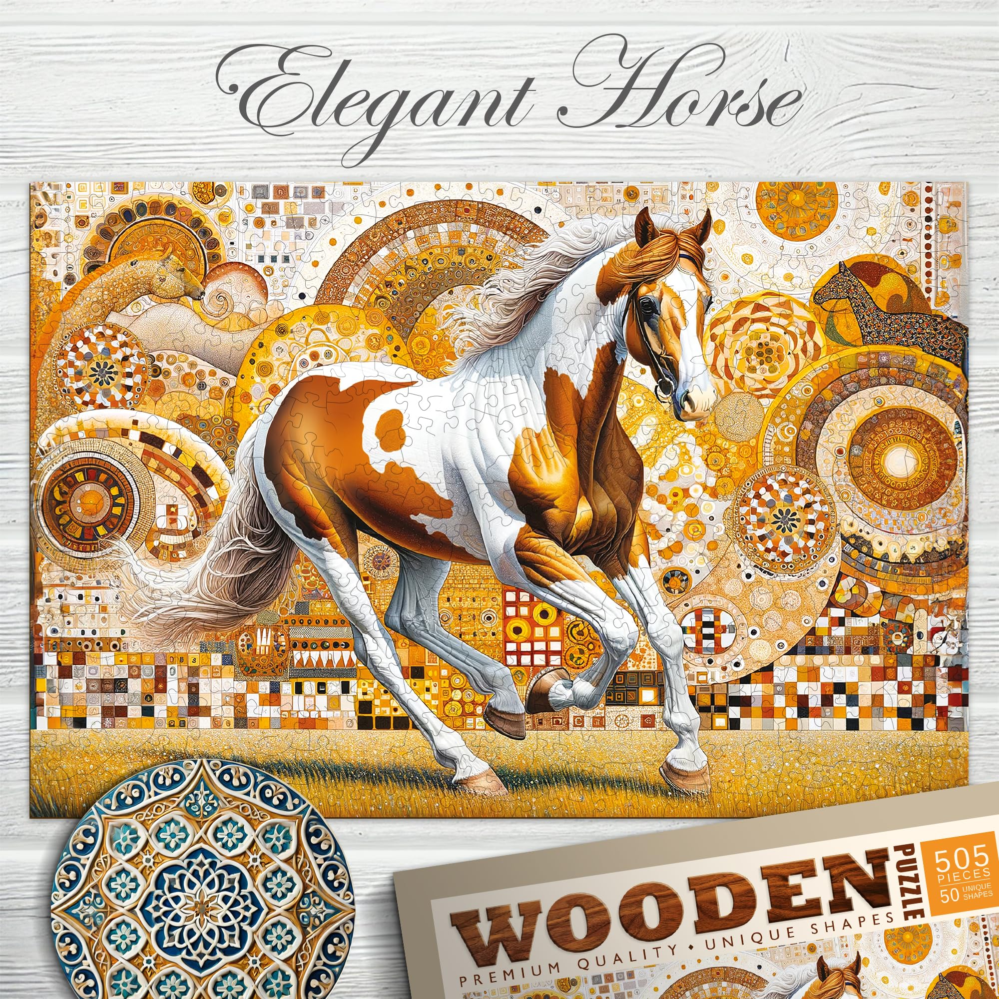 WOODEN.CITY Puzzle in legno da 500 pezzi, elegante cavallo con 50 pezzi a forma di animale, 39,4 x 26,7 cm, progettato e realizzato in UE