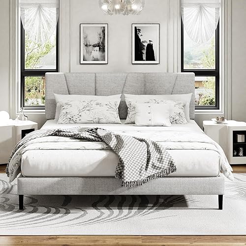 Base de cama plataforma tamaño Queen con cabecero tapizado, soporte de listones de madera, sin ruido, no necesita somier, fácil montaje, gris claro,
