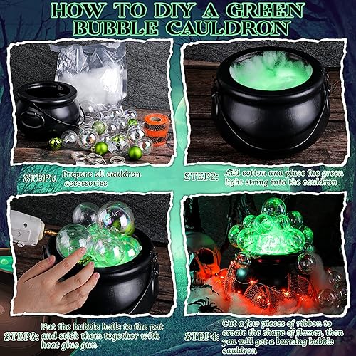 Miniatura 5 de 43 piezas de calderos de Halloween, caldero de plástico negro de 7.9 pulgadas con asa, adornos de bolas, algodón artificial, tira de luces y