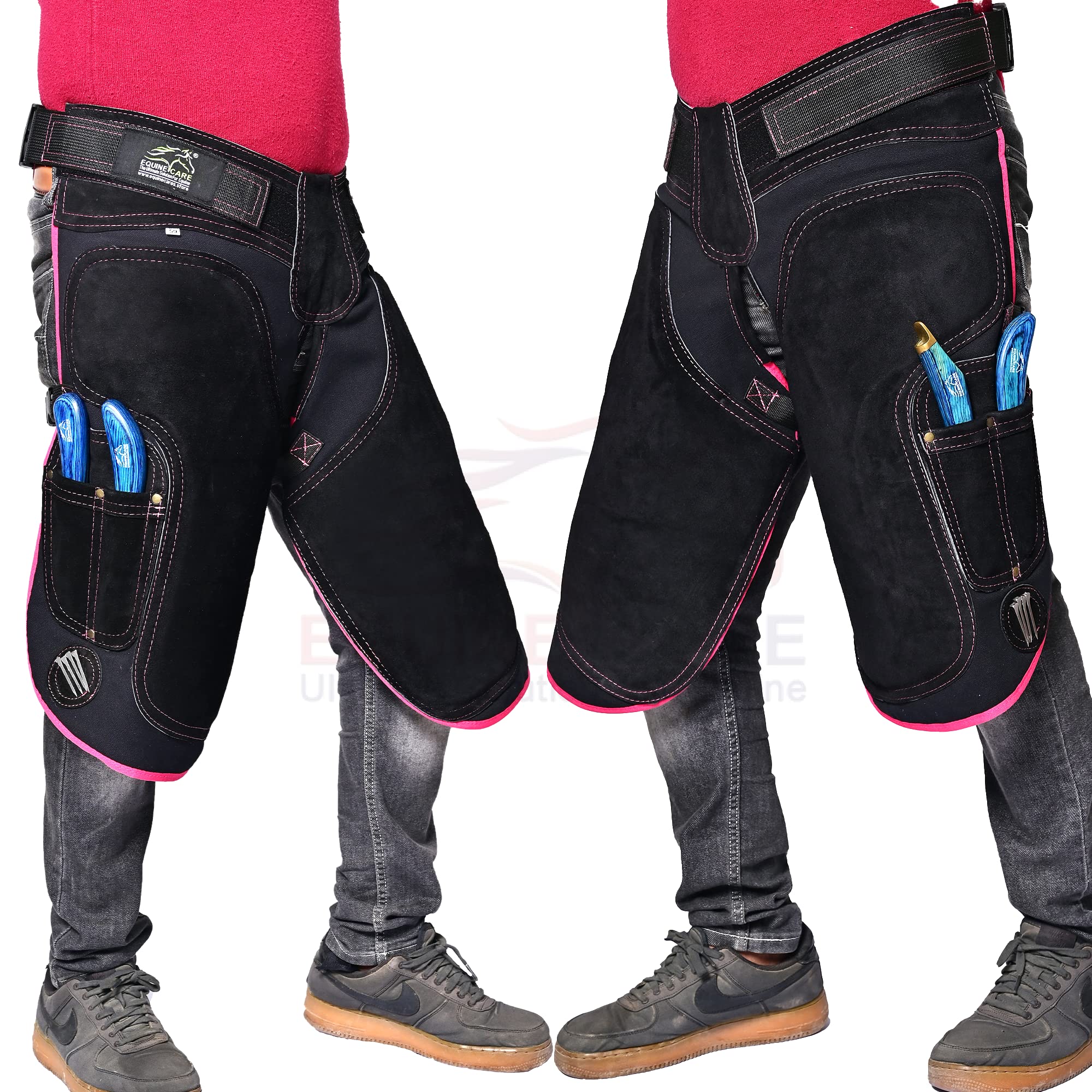 Equine Care Tablier de maréchal pour femme – Cuir de vachette et toile – 4 poches pour couteau à sabot, 2 aimants, support dorsal, taille réglable de 71,1 à 132,1 cm – Outils de maréchal pour