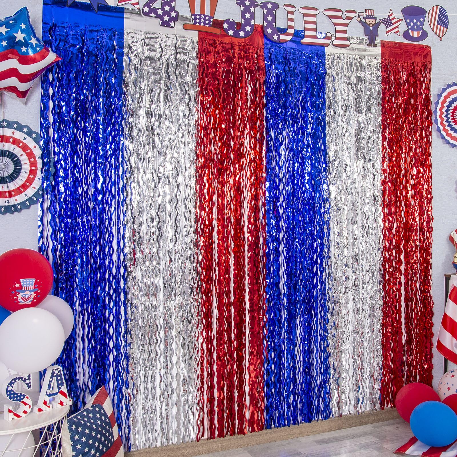 LOLStar 4th of July Foil Fringe Curtains, Tinsel Streamer Backdrop, 3 Pack