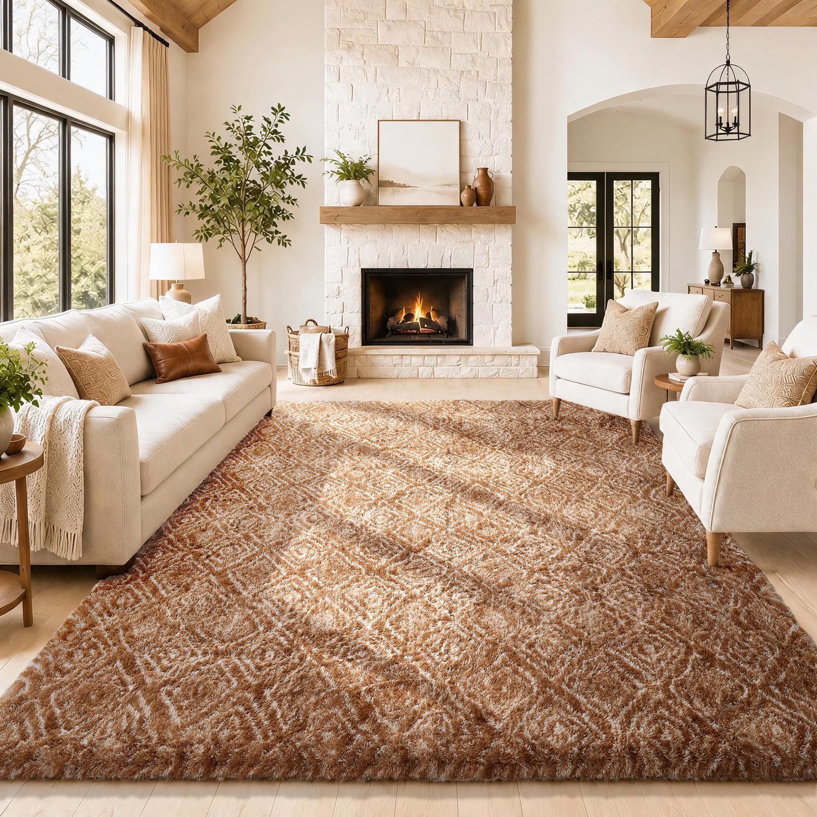 Ophanie 8x10 Brown and White Diamond Striped Rugs for Living Room,Large Fluffy Shag Fuzzy Plush Soft Carpets,Shaggy Rug for Bedroom,Carpet for Kids Boys Girls Dorm Decor with Over 99 pcs Pile fibers