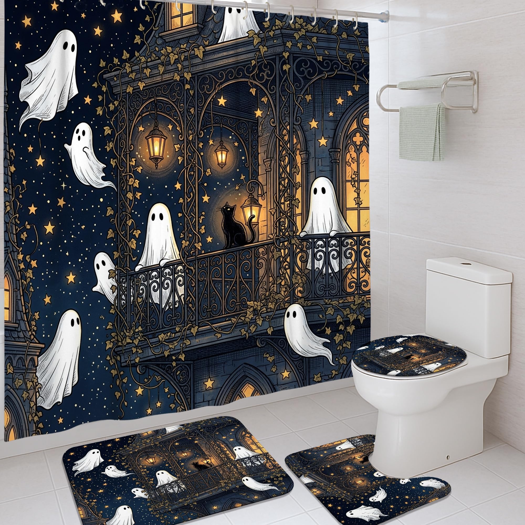 Rideau de douche fantastique étoiles et lanternes pour baignoire d'invités
