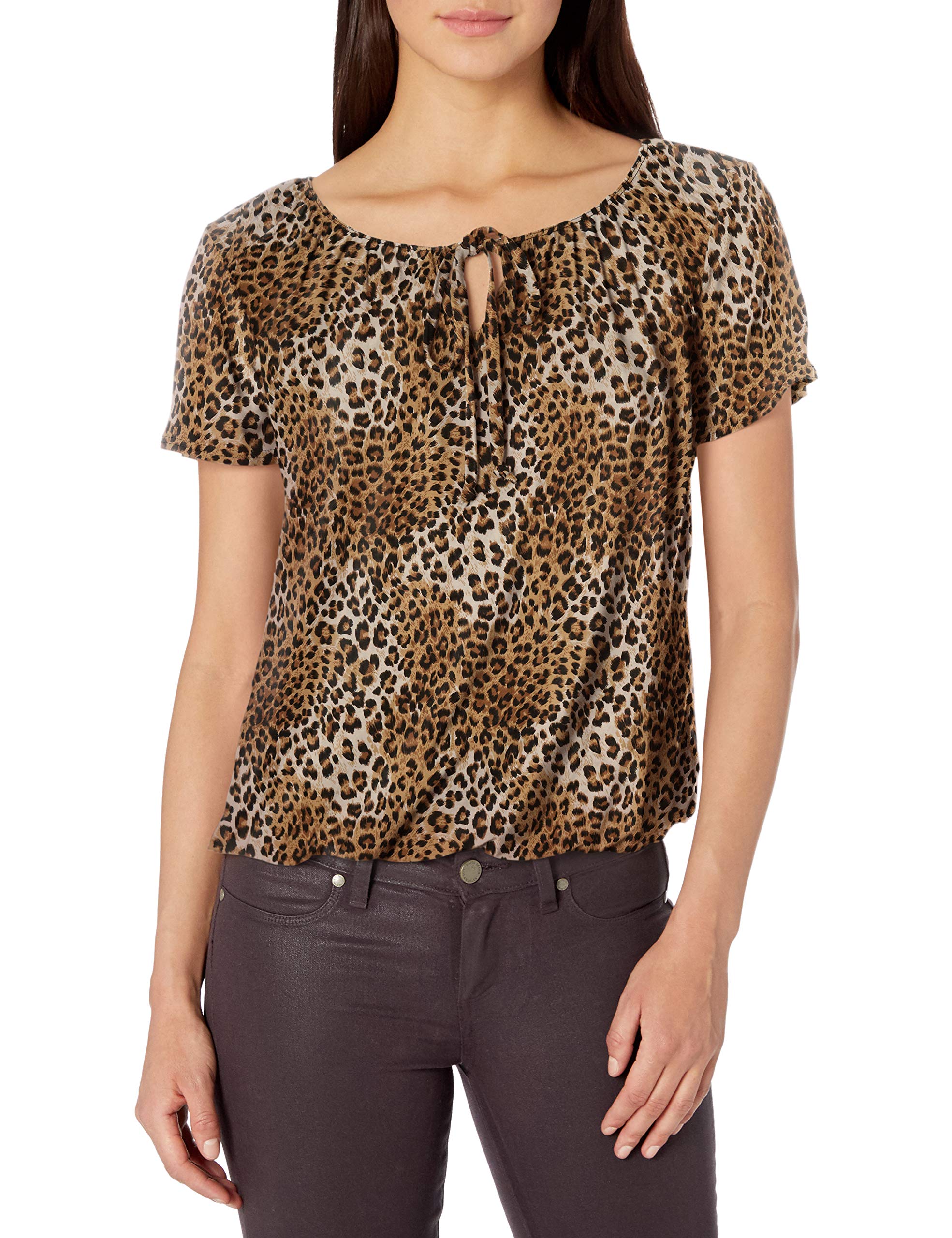 Star Vixen Women's Short/Slit Sleeve Keyhole-Tie Peasant Top Bubble Hem Blouse, Leopard Print, Small