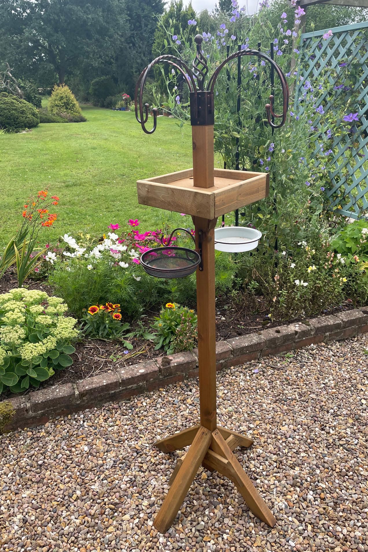 Wooden Bird Table Feeding Station Freestanding Garden Patio Wild Bird Water Seed Dishes