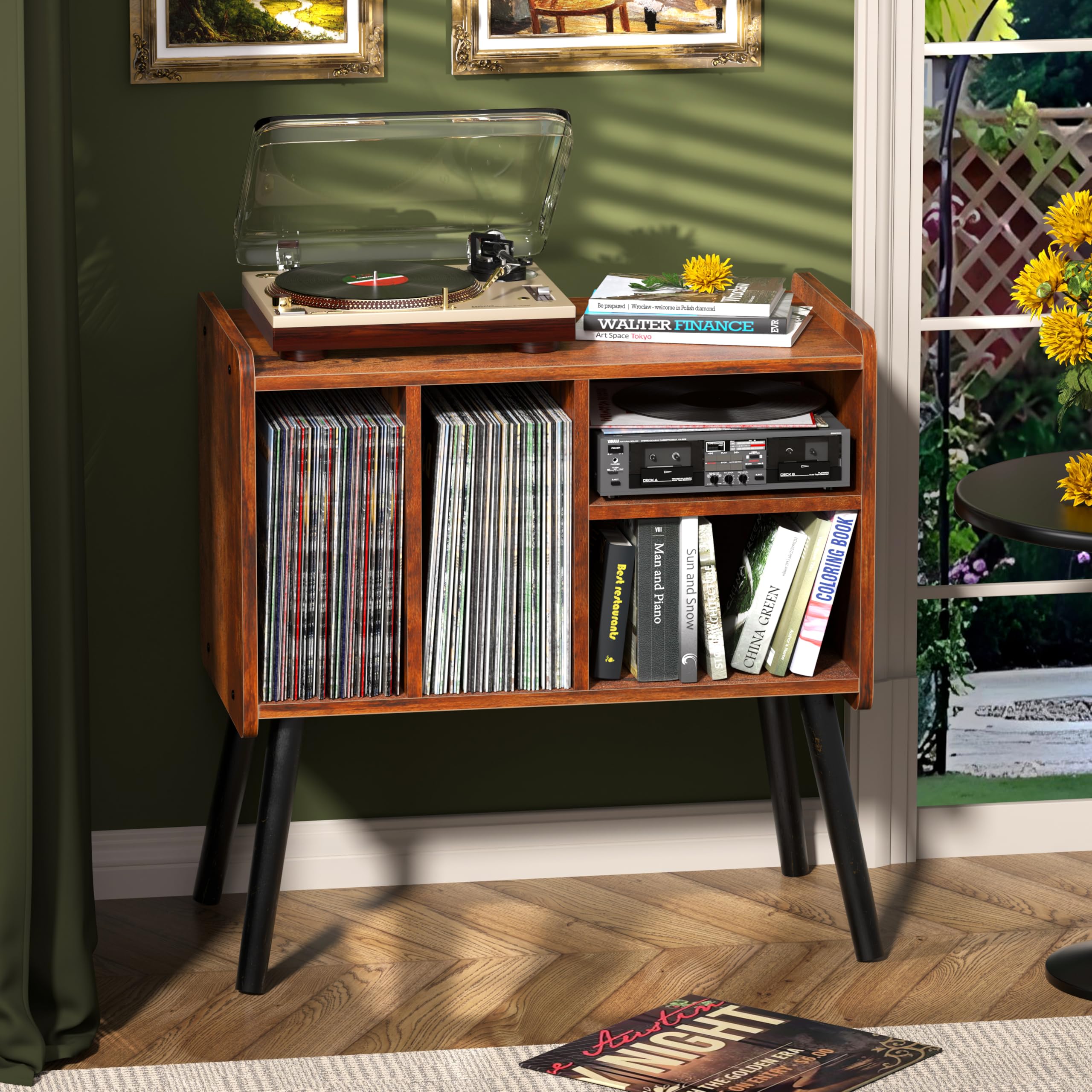 Tavolo per giradischi della metà del secolo con deposito in vinile per fino a 150+ album, armadietto in vinile con ripiani regolabili, marrone