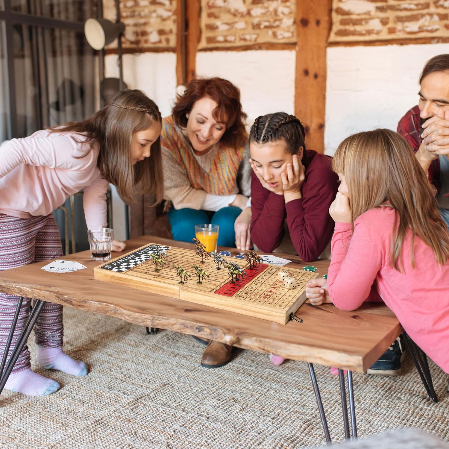 Horse Racing Board Game - 23"x12" - Derby Classic Horse Race Game with 11 Metal Horses - Foldable Wood Horse Game with Dice, Premium Chips & 2 Packs of Cards - Charred Wood
