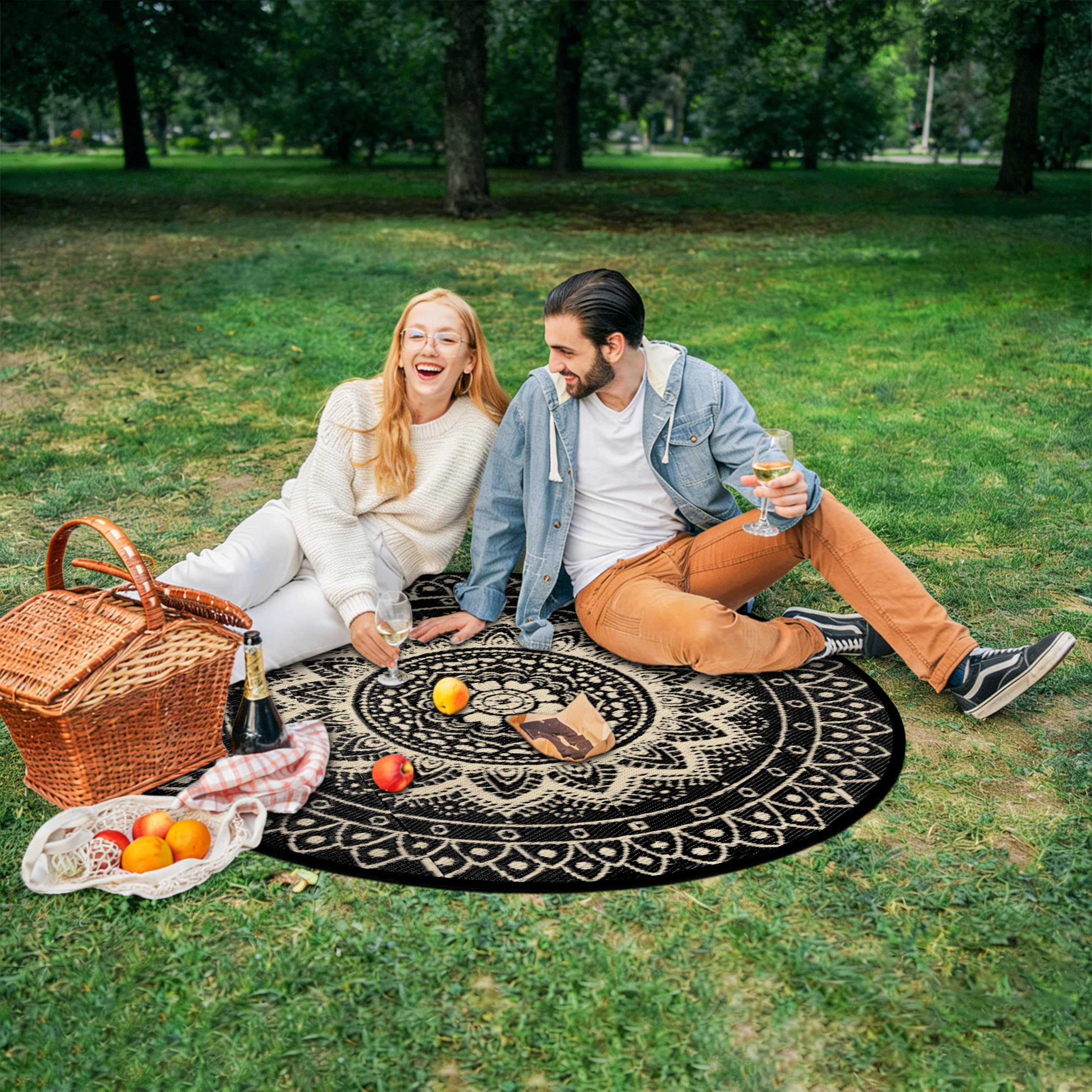 Tapis d'extérieur Rond pour terrasse 150cm réversible imperméable et Pliable bohème pour Camping-carTapis de Pique-Nique et de Camping pour RV, Balcon, Plage, terrasse, Noir/Marron
