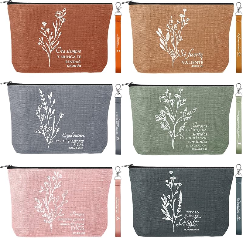 Huhumy Kit com 12 peças: 6 necessaires de maquiagem e 6 chaveiros de pulso com versículos bíblicos, cores vivas, estilo Spanish Boho