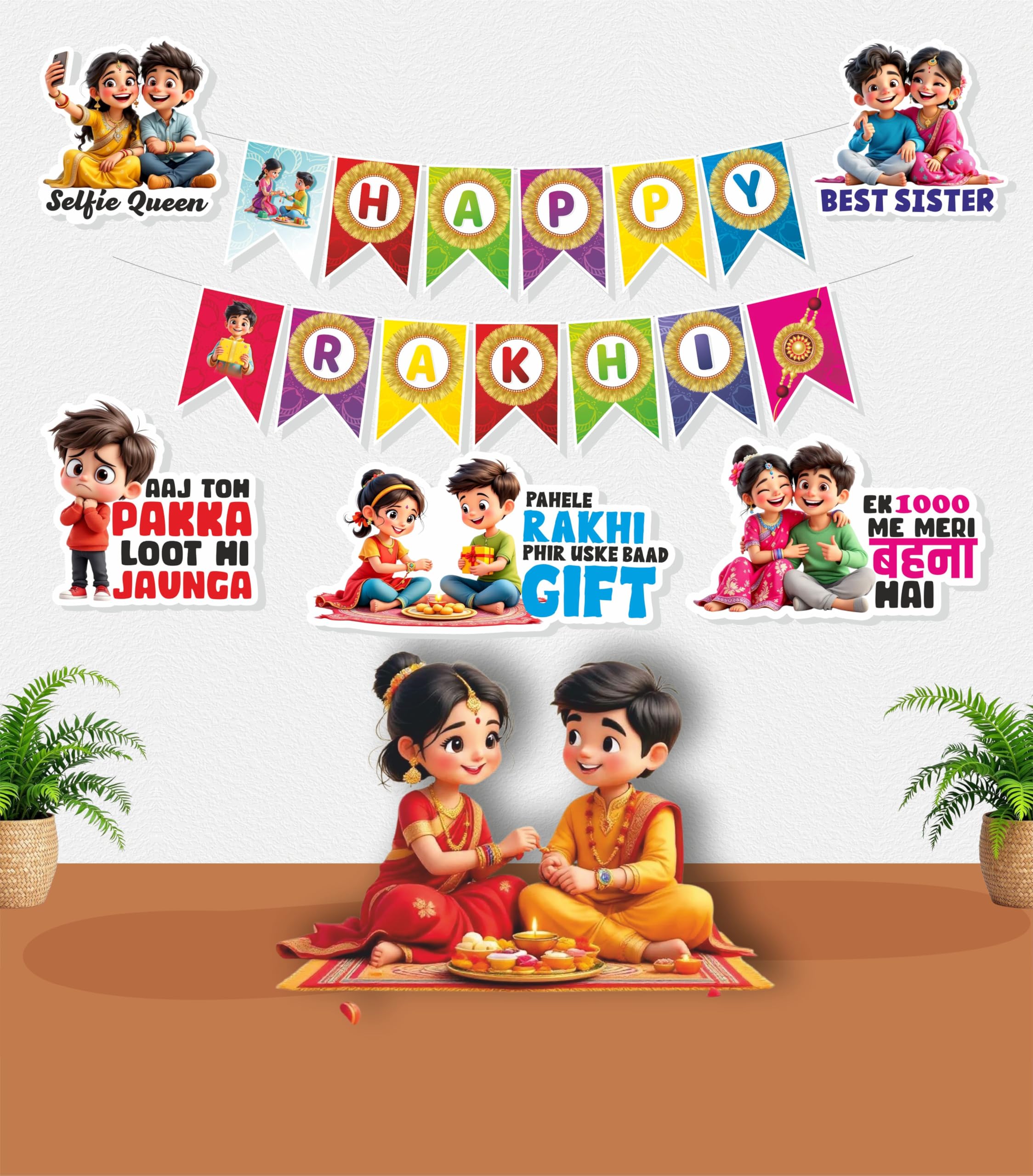 The Decor Queen Raksha Bandhan Decoration Kit | Rakhi Festival Cutouts, Banner, Rakhis, Greeting Card, Kumkum Rice | Brother Sister Theme Backdrop Props for Rakhi Celebration & Home Decor (Combo Kit)-image-27