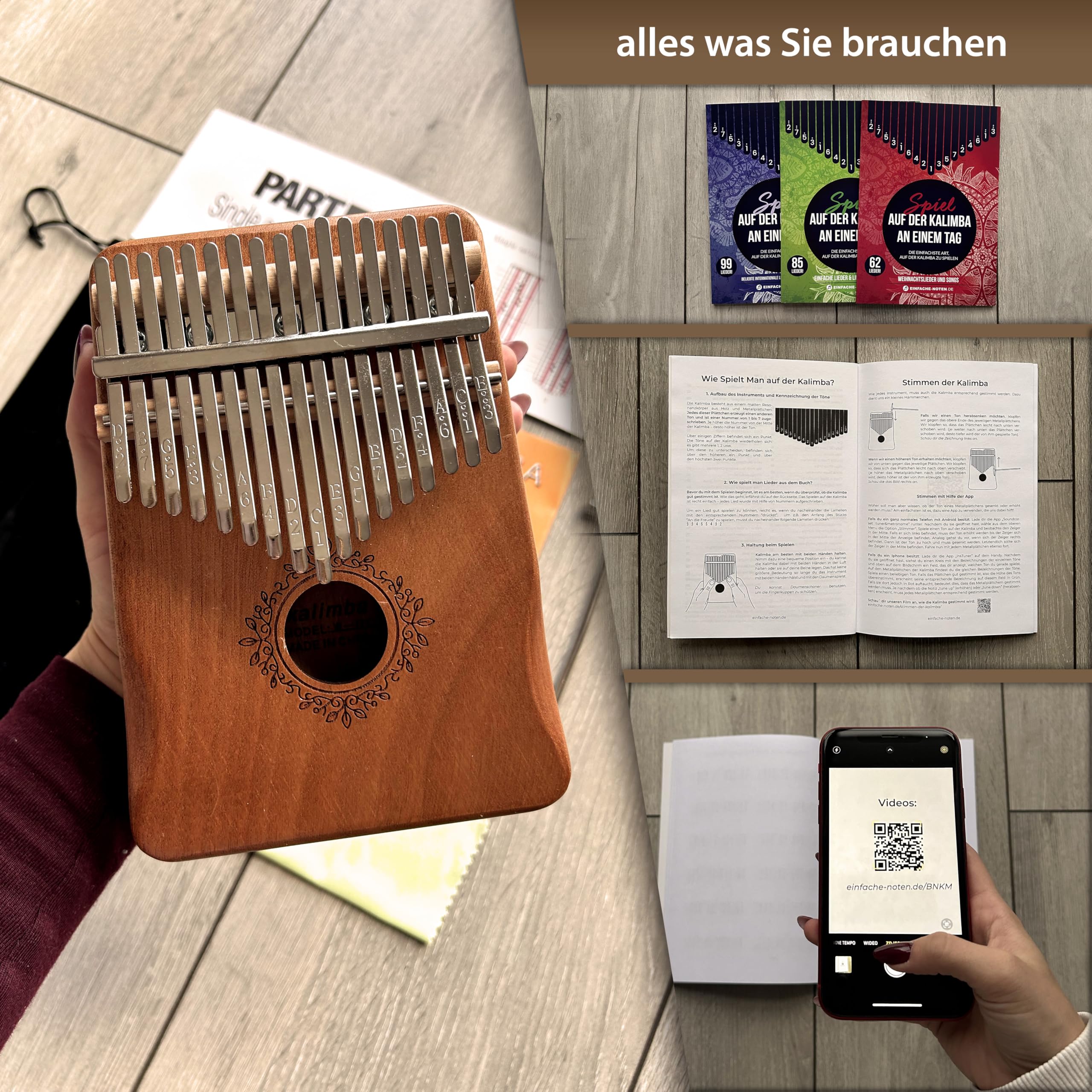 Spiel auf der Kalimba an einem Tag! Mega-Paket: Kalimba mit 17 Tasten + 3 Bücher für Anfänger + 246 einfache Lieder & Videoaufnahmen