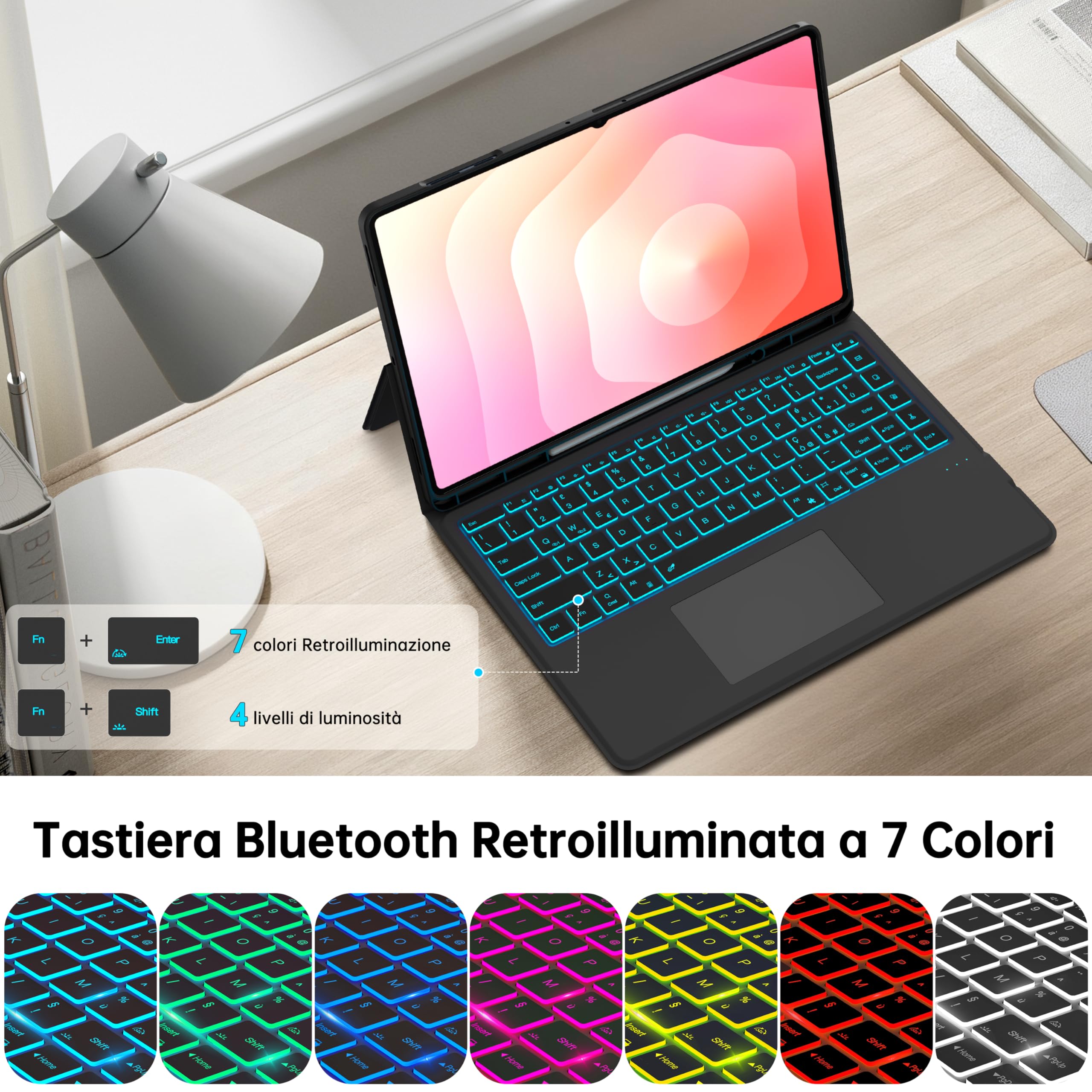 Tastiera Custodia per Samsung Galaxy Tab S11 Ultra/S10 Ultra/S9 Ultra 14.6 Pollici - 7 Colori Retroilluminazione con Touchpad Tastiera Bluetooth - per Tab S8 Ultra Custodia QWERTY Italiano, Nero