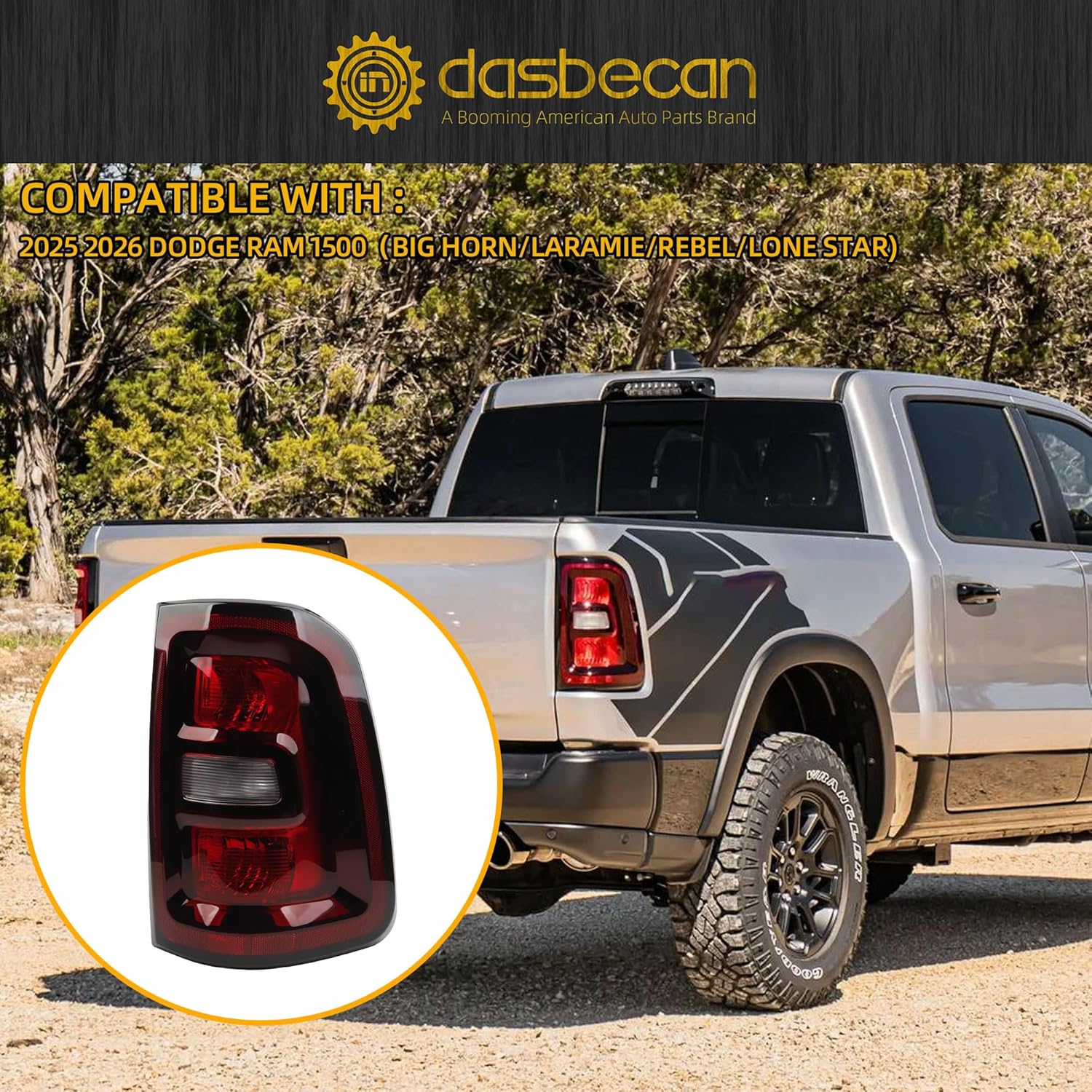 Dasbecan Halogen Tail Light Assembly Compatible with 2025 2026 Dodge Ram 1500 Taillight Smoked Black Bezel Rear Lamp Right Passenger Side Replace#68531046AA