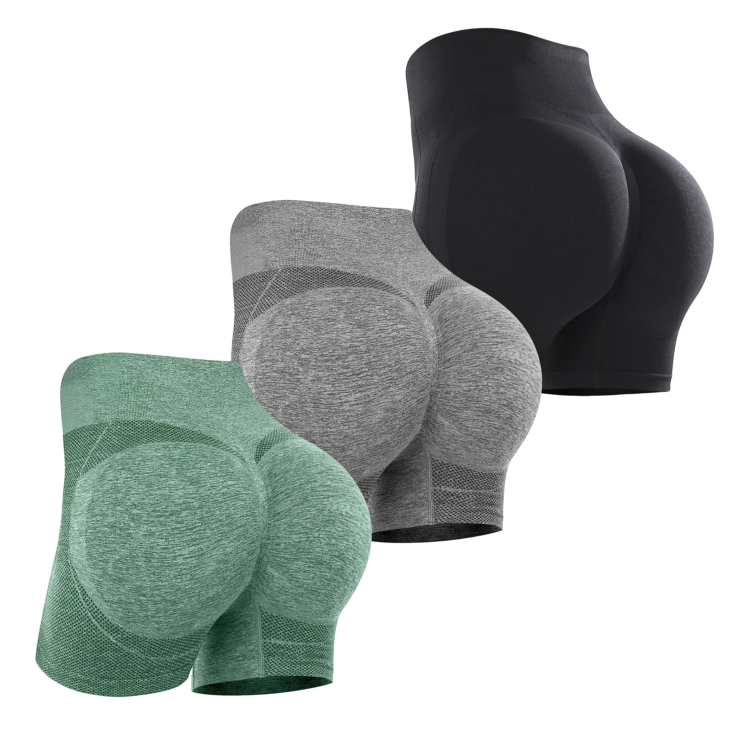 sicoozoe Women's 3 Piece Butt Lifting Shorts High Waist Tummy Control Yoga Shorts Seamless Ruched Booty Workout Shorts