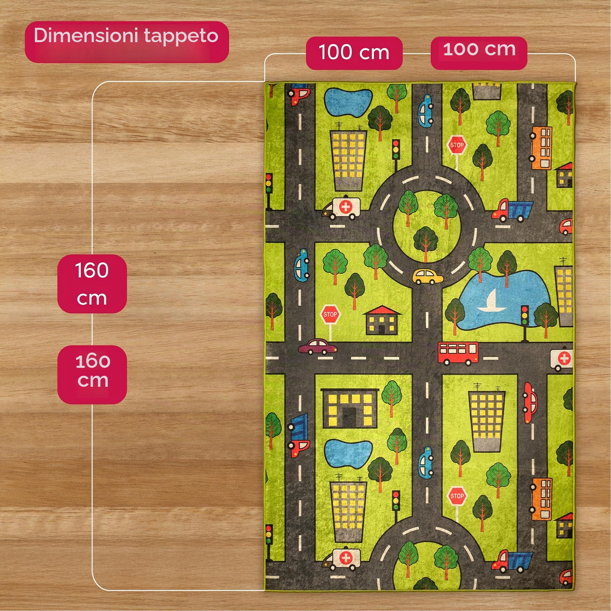 Tappeto per bambini e neonati – Diverse varianti di design, lavabile, antiscivolo, morbido, ideale per camerette e sale giochi, 100 x 160 cm, verde città.